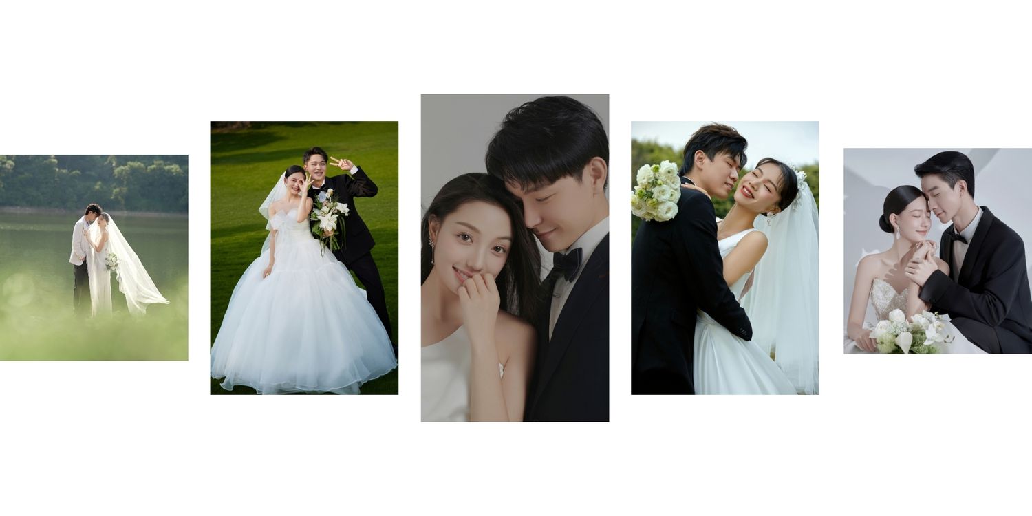 A romantic wedding photo collage featuring an Asian couple in elegant bridal attire posing in multiple outdoor and indoor settings.