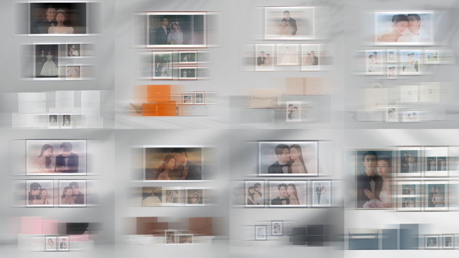 A grid layout of blurred and overlapping photo thumbnails creates an abstract mosaic pattern in muted tones.