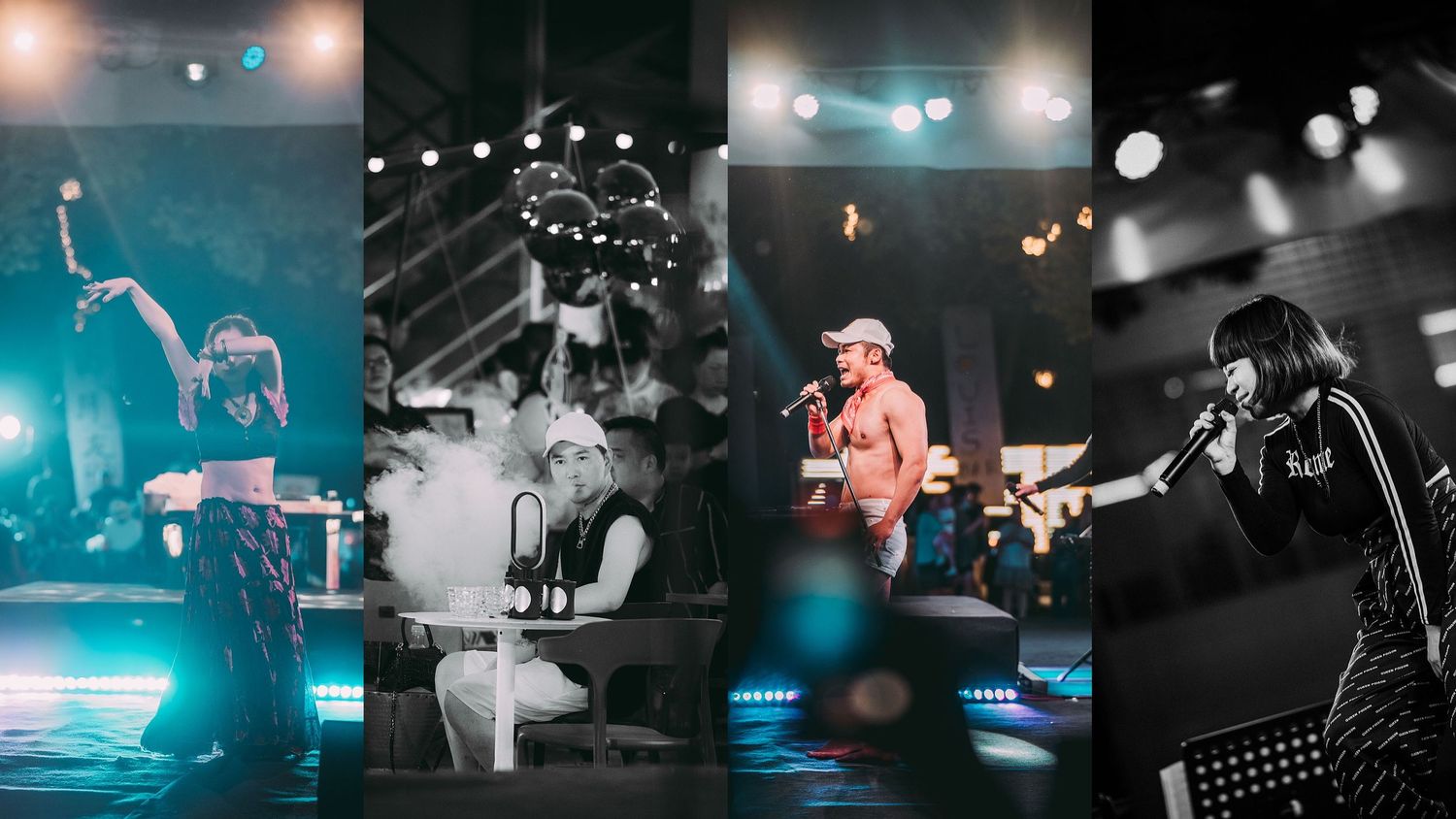Collage of four performers singing on stage with dramatic concert lighting and smoke effects.