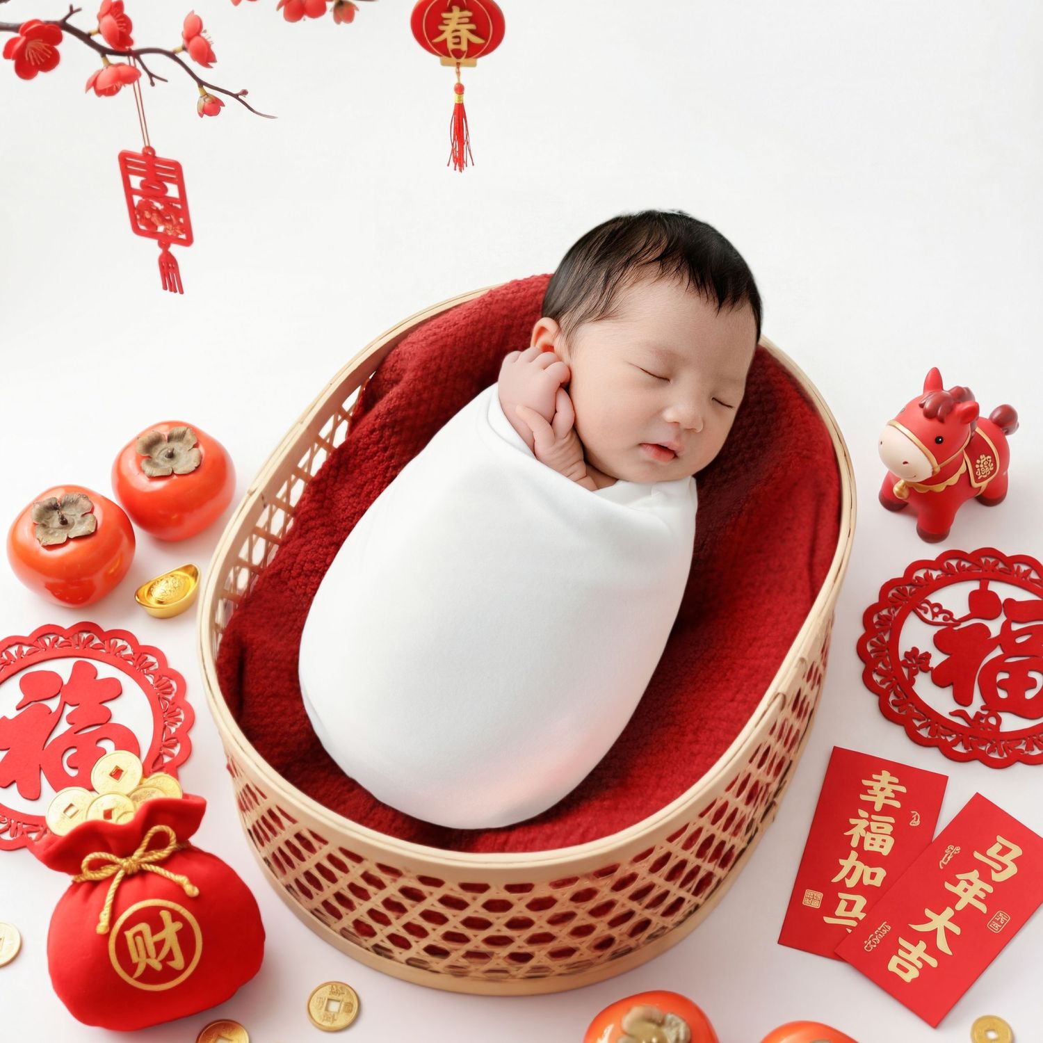 Newborn baby wrapped in white swaddle sleeping in a wicker basket with Chinese New Year decorations.