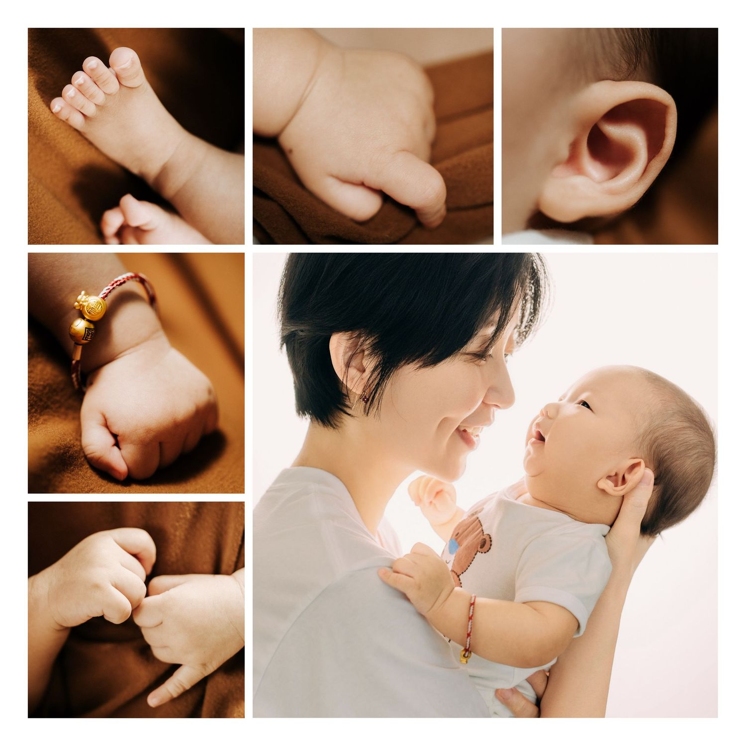 Close up photos of tiny infant features including hands, feet, ear, and a tender interaction with parent.