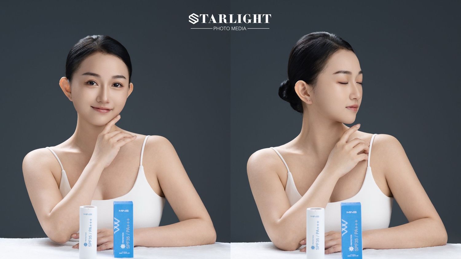Young Asian woman in white top poses with Starlight skincare product on gray background in two side-by-side promotional shots.