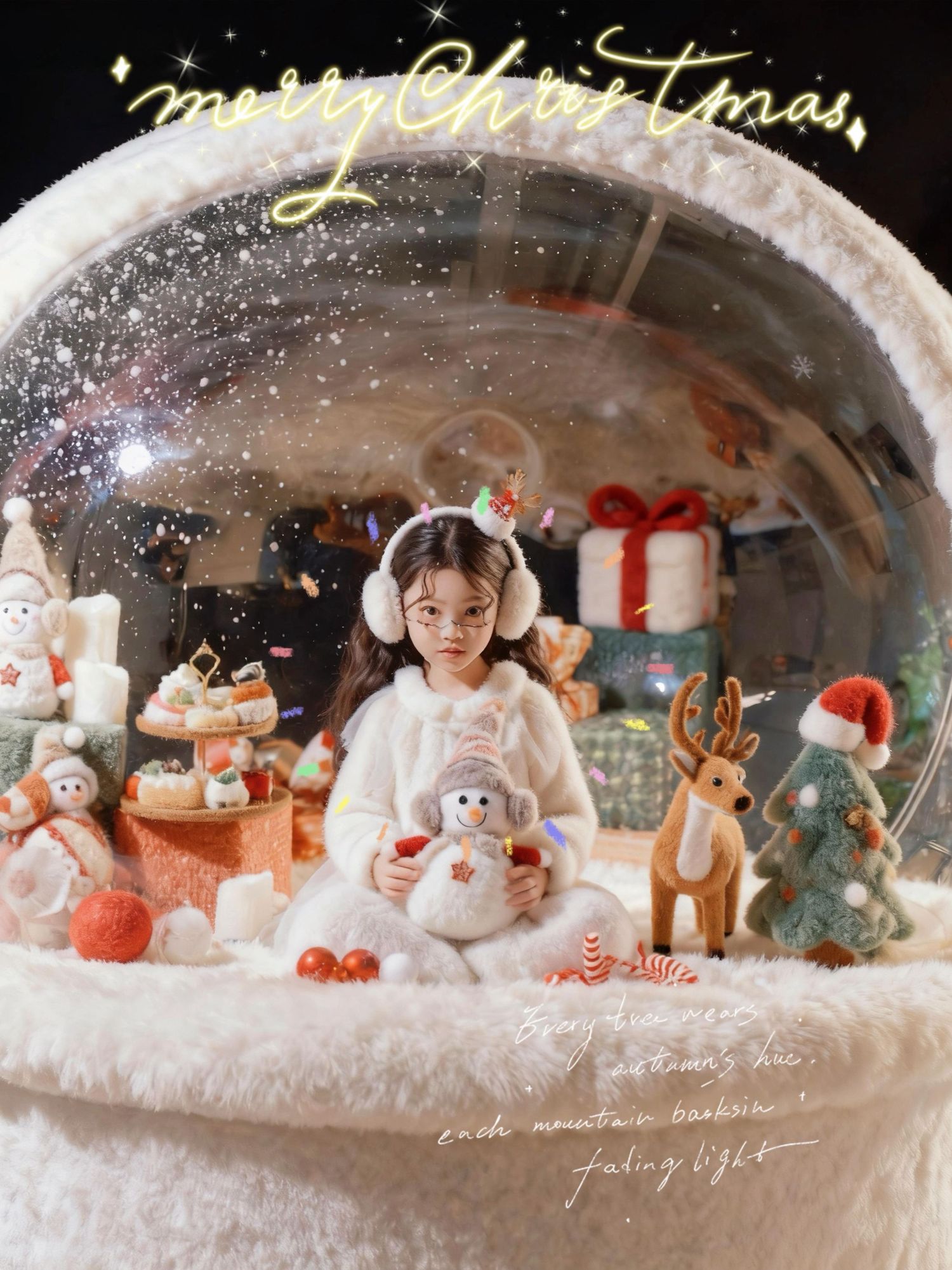 A young girl in white fur sits inside a festive Christmas snow globe display with holiday decorations and a Merry Christmas message.