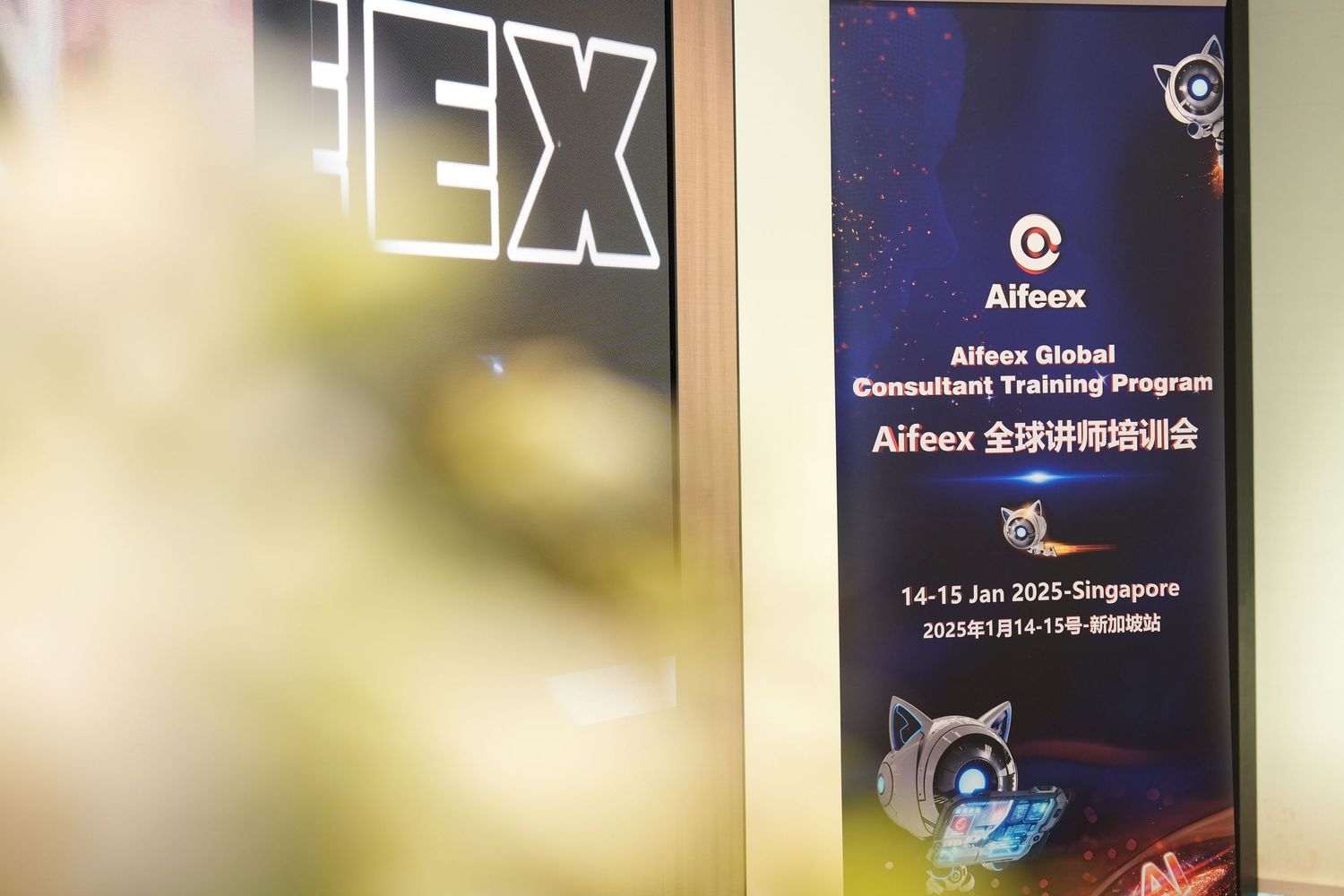 Aifeex Global Consultant Training Program banner displayed at a Singapore event on January 14-15, 2025.