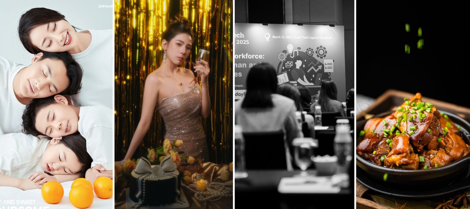 A collage of four images featuring sleeping women, a glamorous woman with oranges, a dark event venue, and a spicy Asian dish.