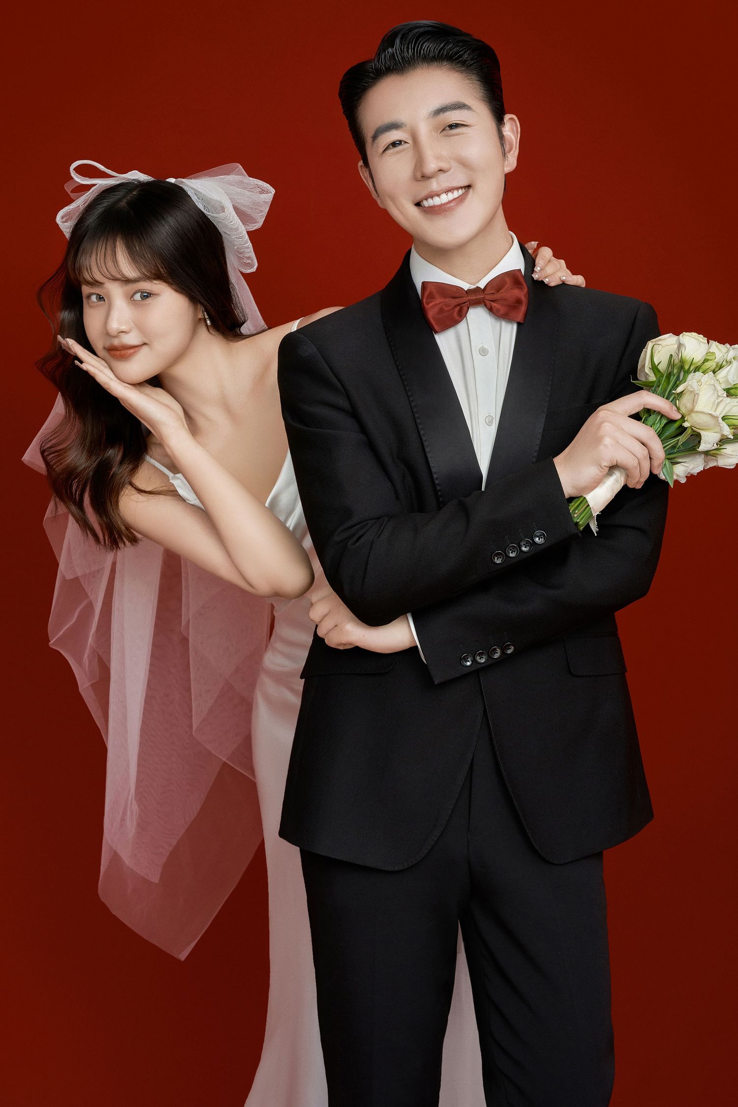 Wedding couple poses playfully against red backdrop in sequence of romantic photos showing movement and interaction.