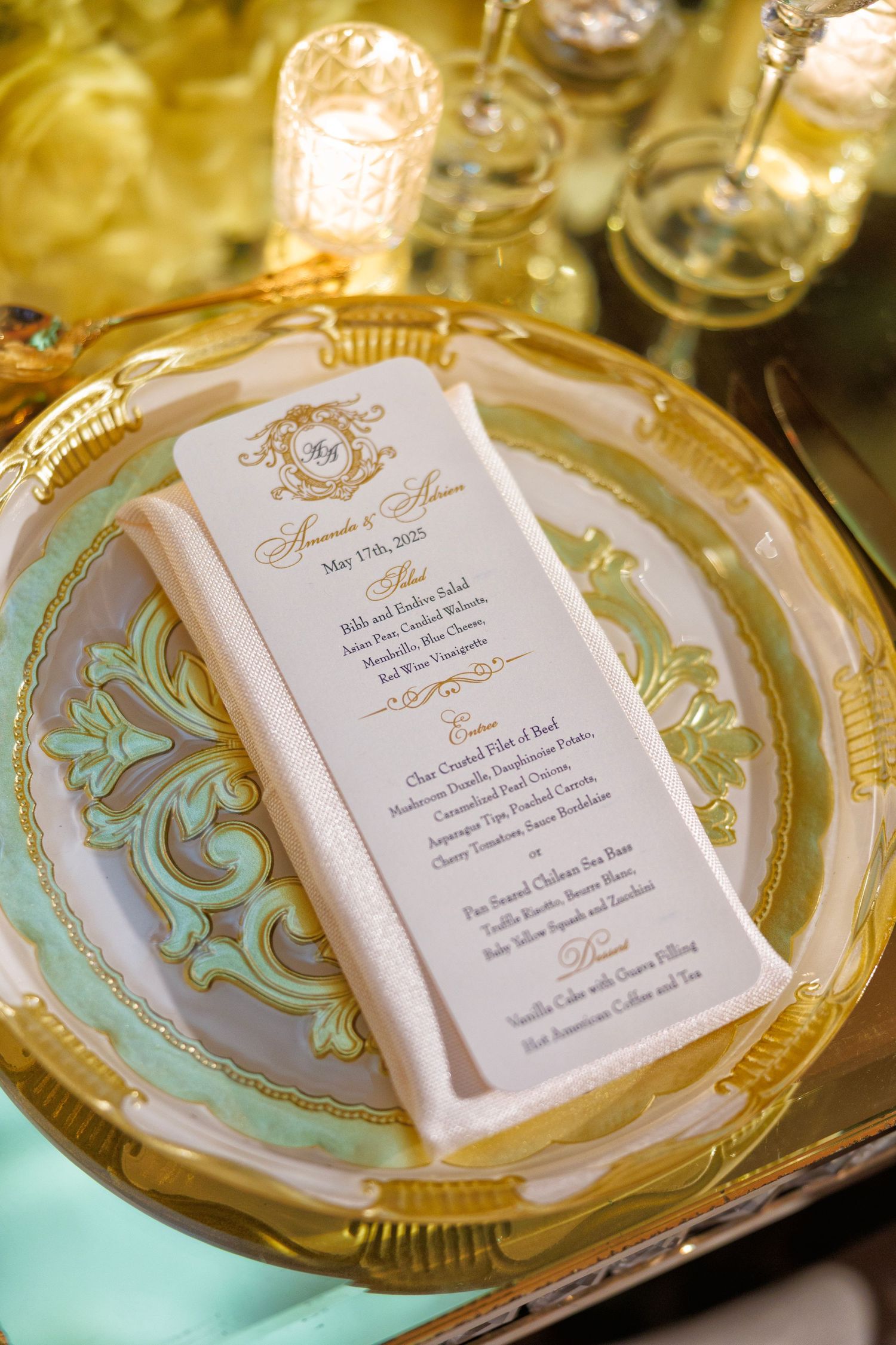 Golden details on the dinner menu, styled with elegance.