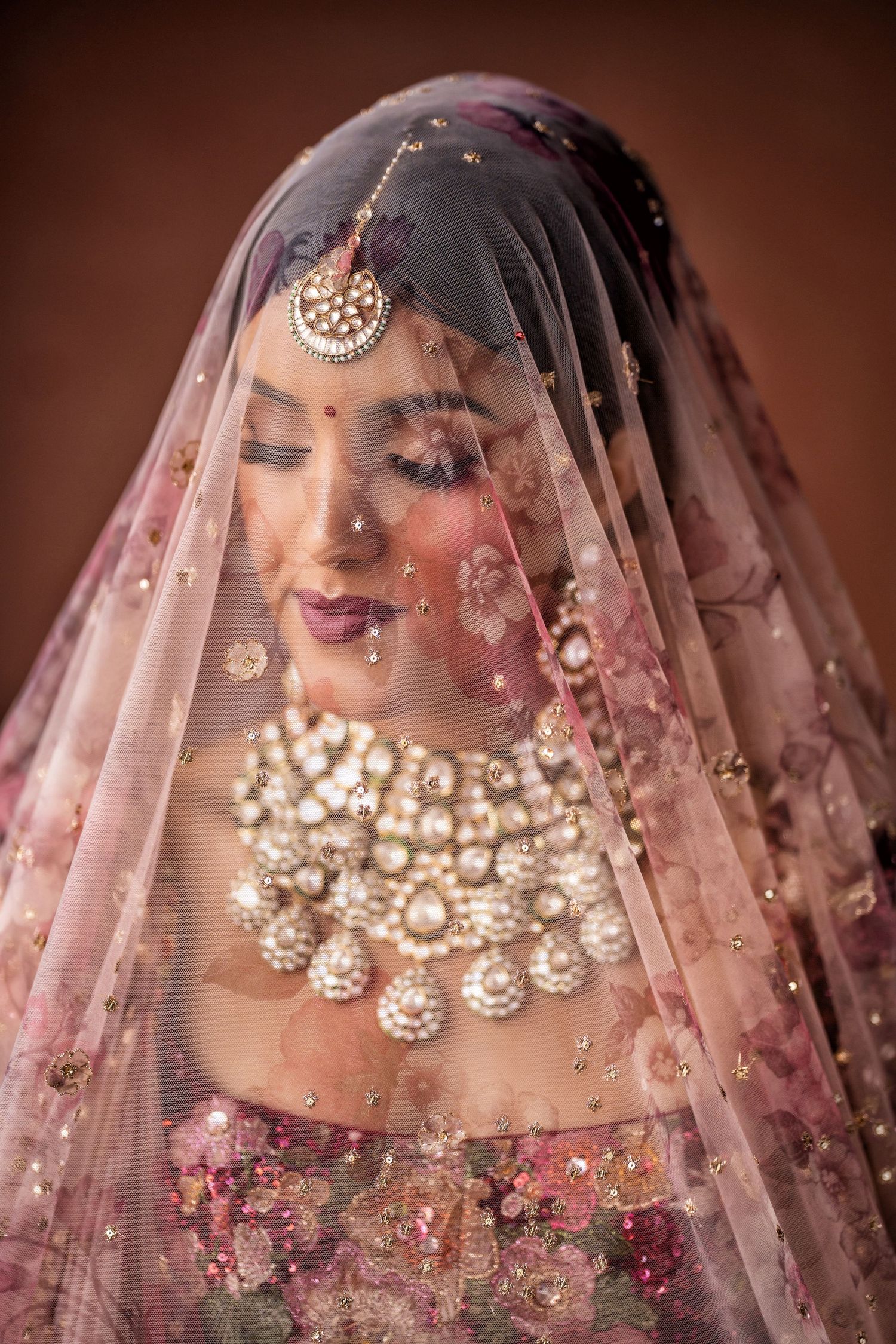 Close-up bridal portrait in traditional South Asian attire—intricate jewelry and embroidered veil.