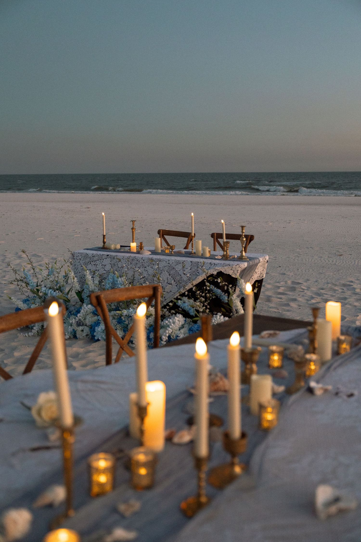 Beach wedding reception details at sunset during an Alabama micro wedding
