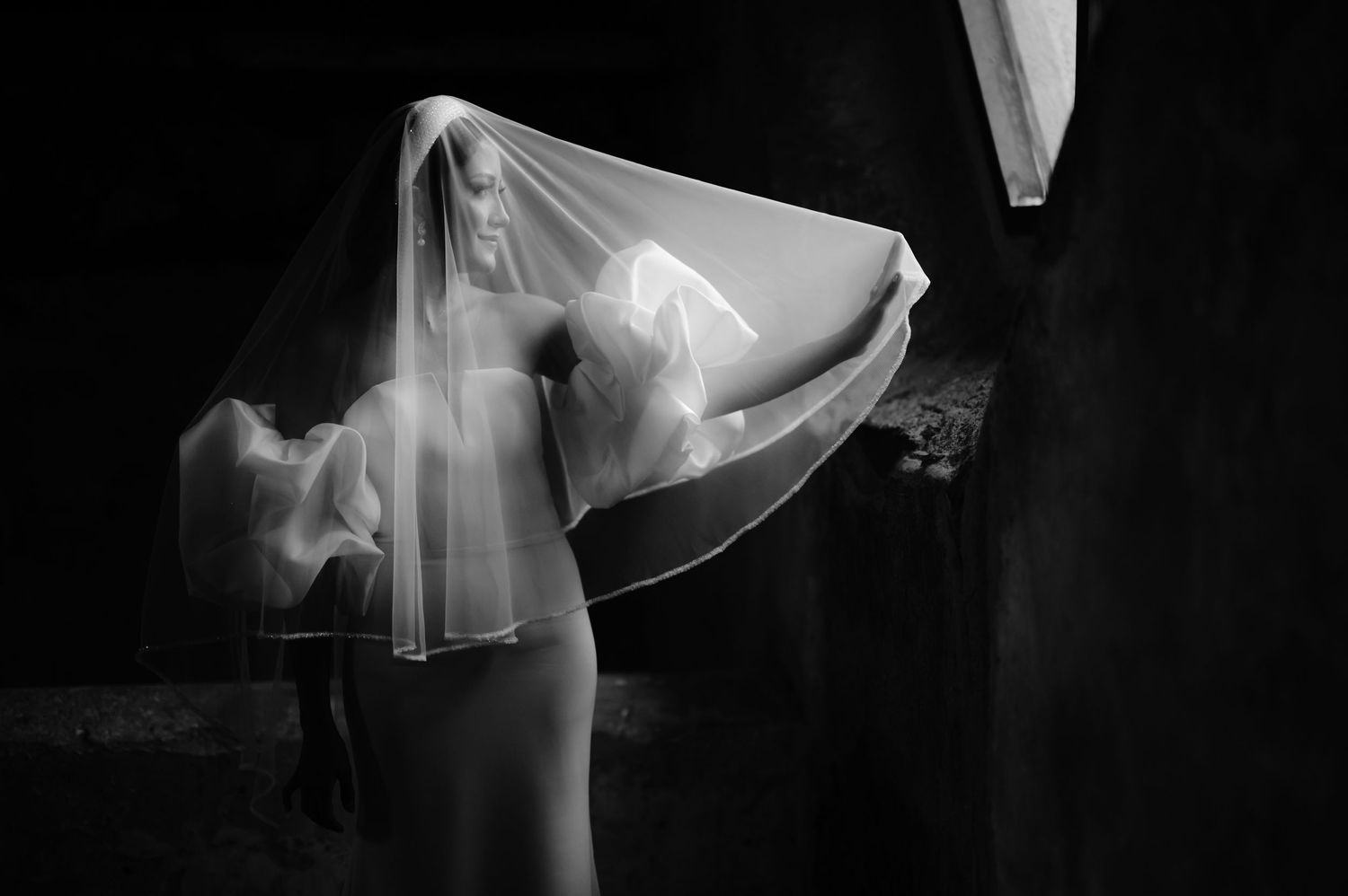 Black and white portrait of a bride in dramatic lighting with flowing veil creating an ethereal effect.
