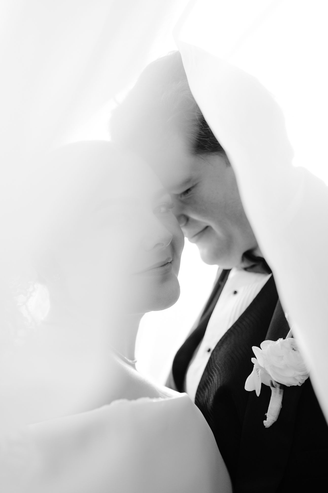 Romantic black and white wedding photo showing bride and groom's tender moment beneath bridal veil.