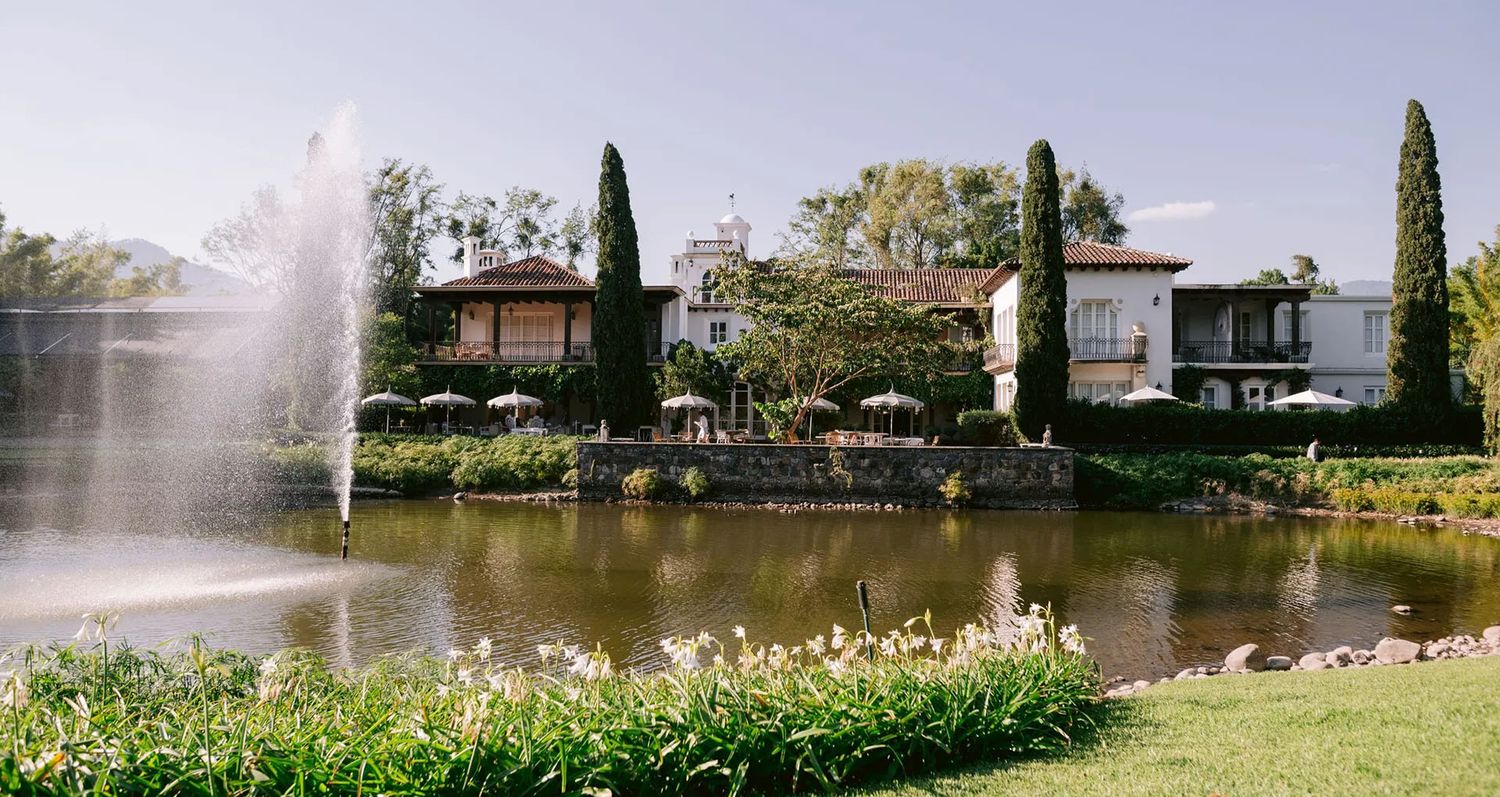Modern lakeside homes with cypress trees and a fountain spraying water in a serene residential pond setting.