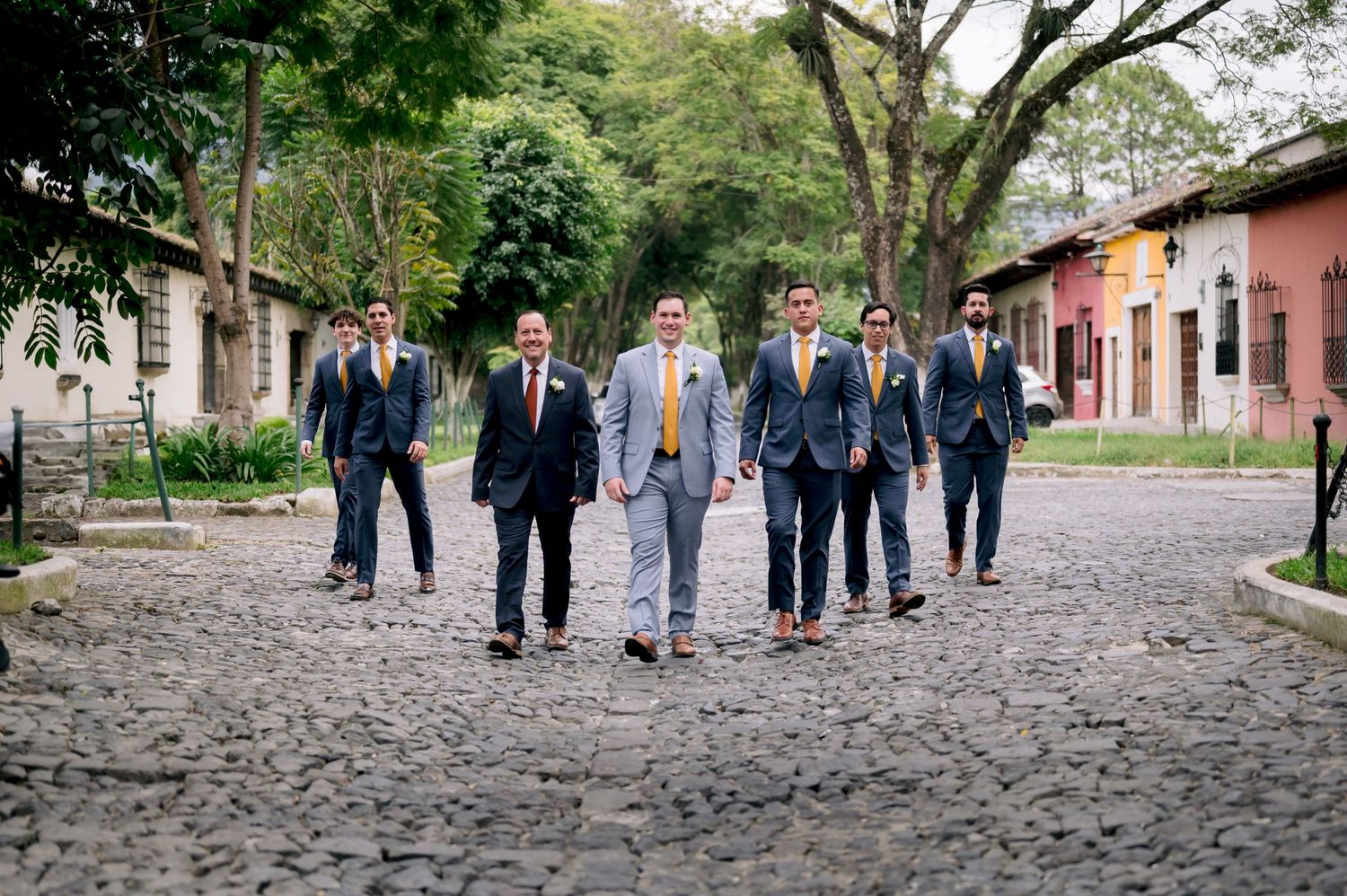 A group of well-dressed wedding party members walking together on a stone path lined with trees.