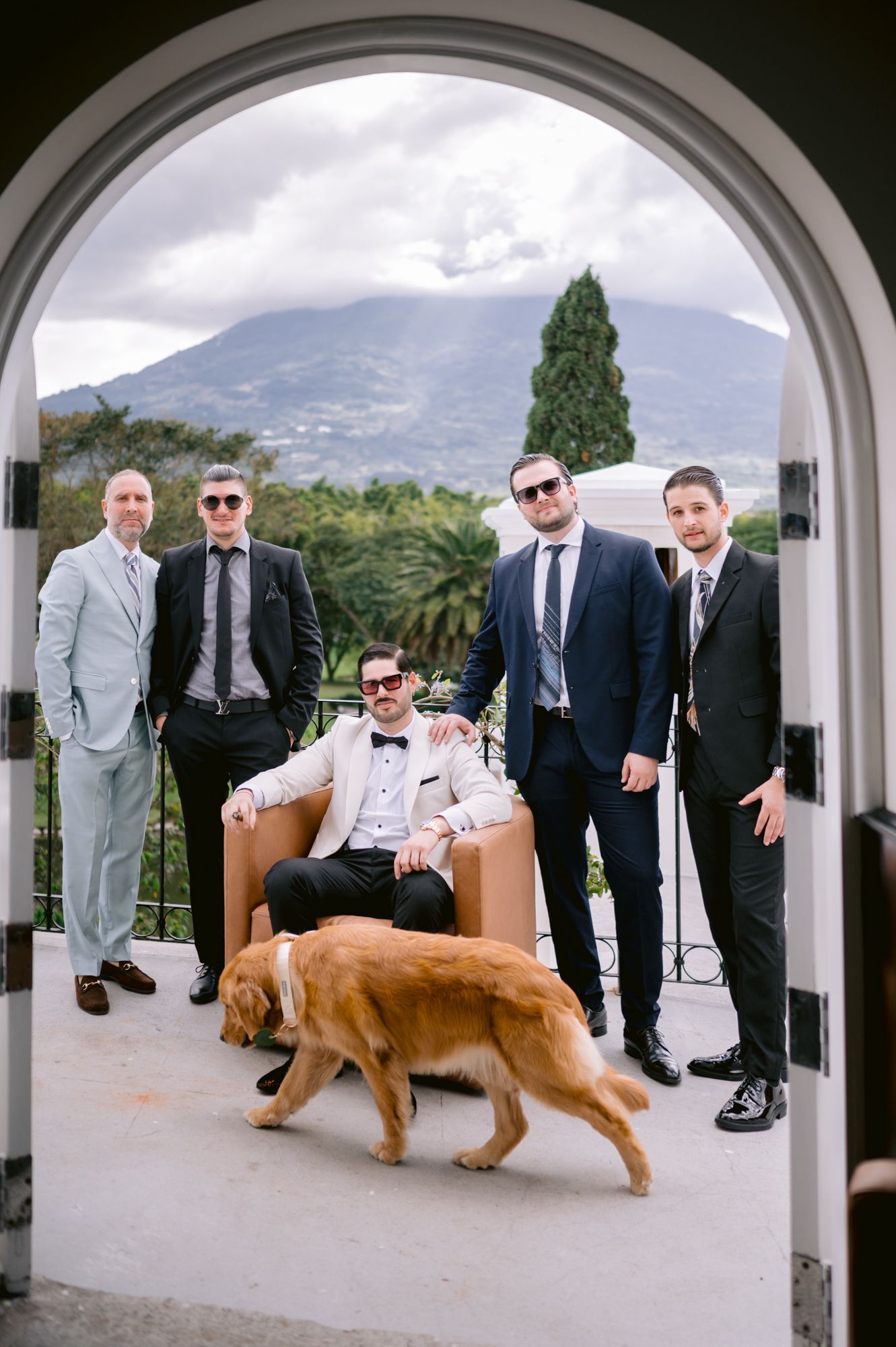 Wedding party in formal attire posing with a golden retriever dog under white archways.
