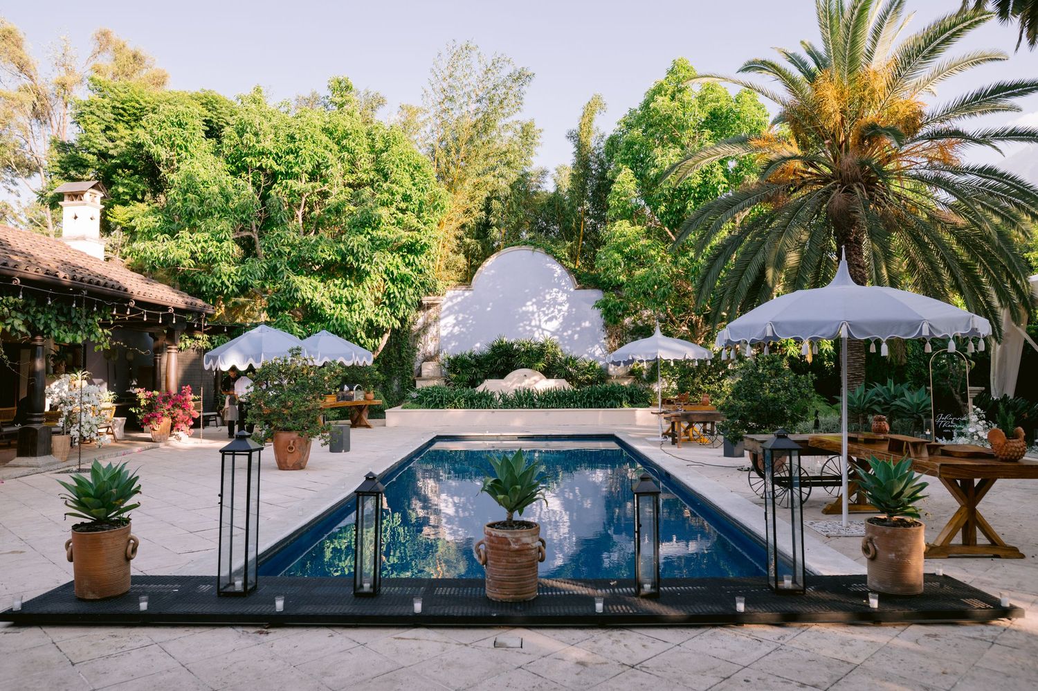 Elegant pool area surrounded by palm trees and white umbrellas at a luxury venue.