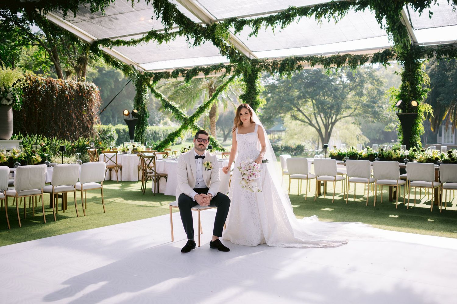 A romantic wedding photo series showing couples in white attire posing in a lush garden setting with natural sunlight.