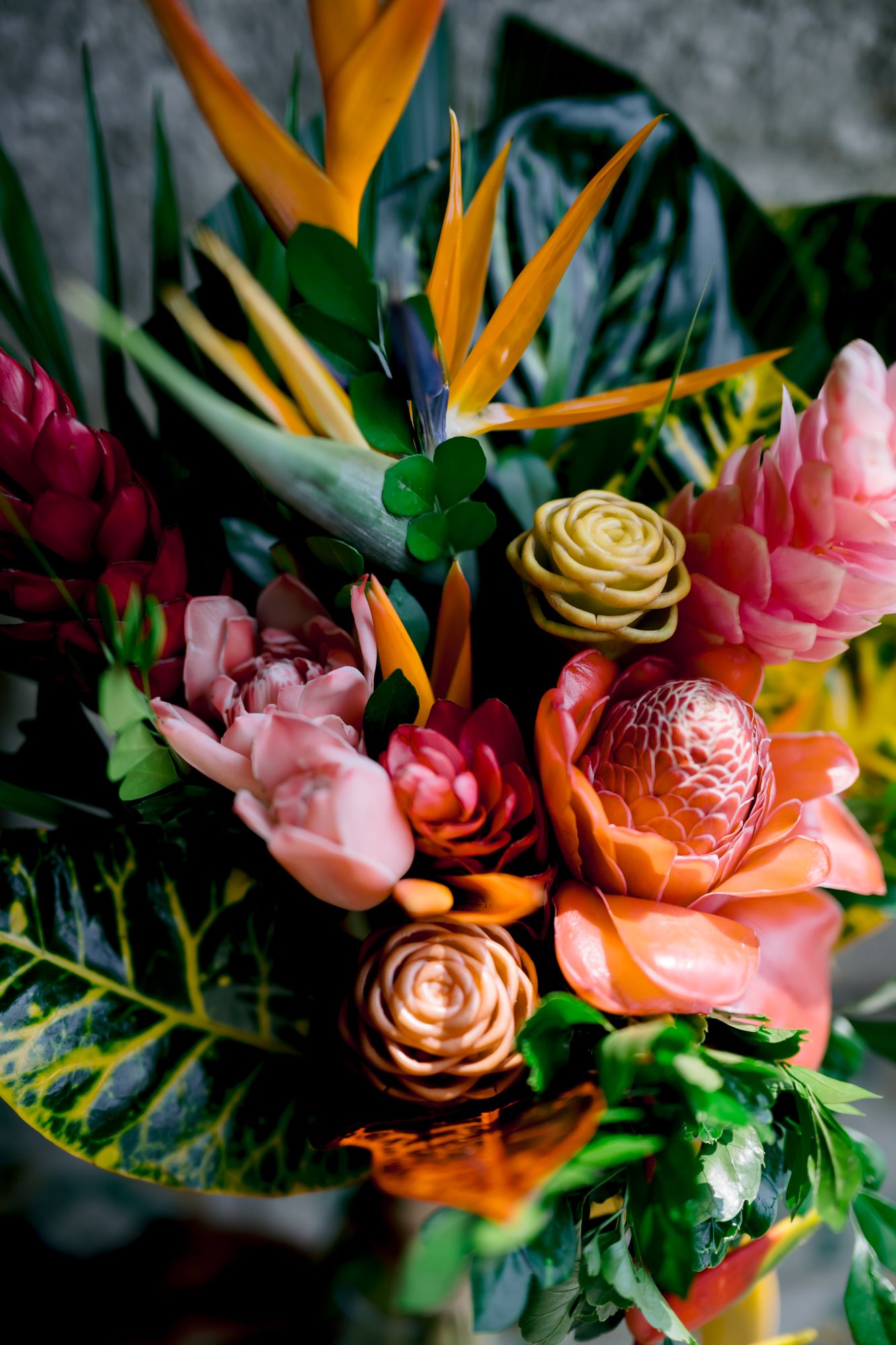Vibrant tropical wedding bouquet with orange birds of paradise, pink peonies, and coral roses against dark background.
