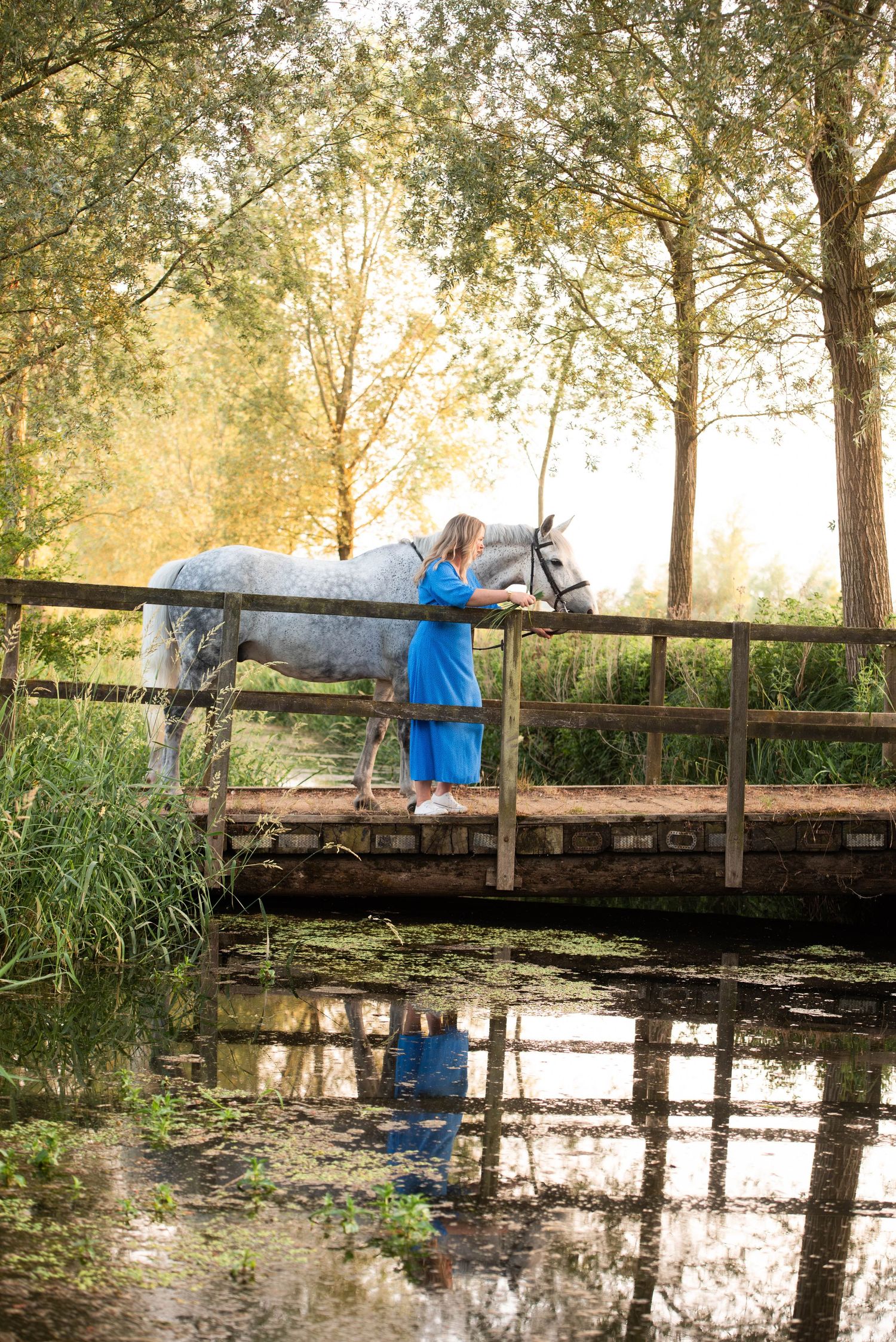 Woman in blue dress standing with a grey horse on a wooden bridge over water.