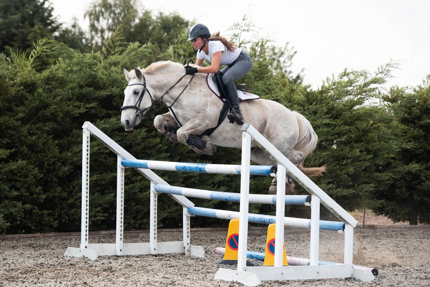 Equestrian rider jumping a grey horse over a colorful show jump fence in an outdoor arena.