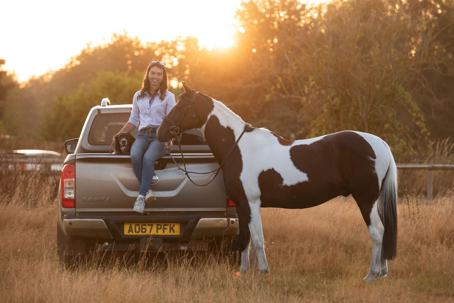 A woman sits on a pickup truck tailgate beside a black and white paint horse at golden sunset.