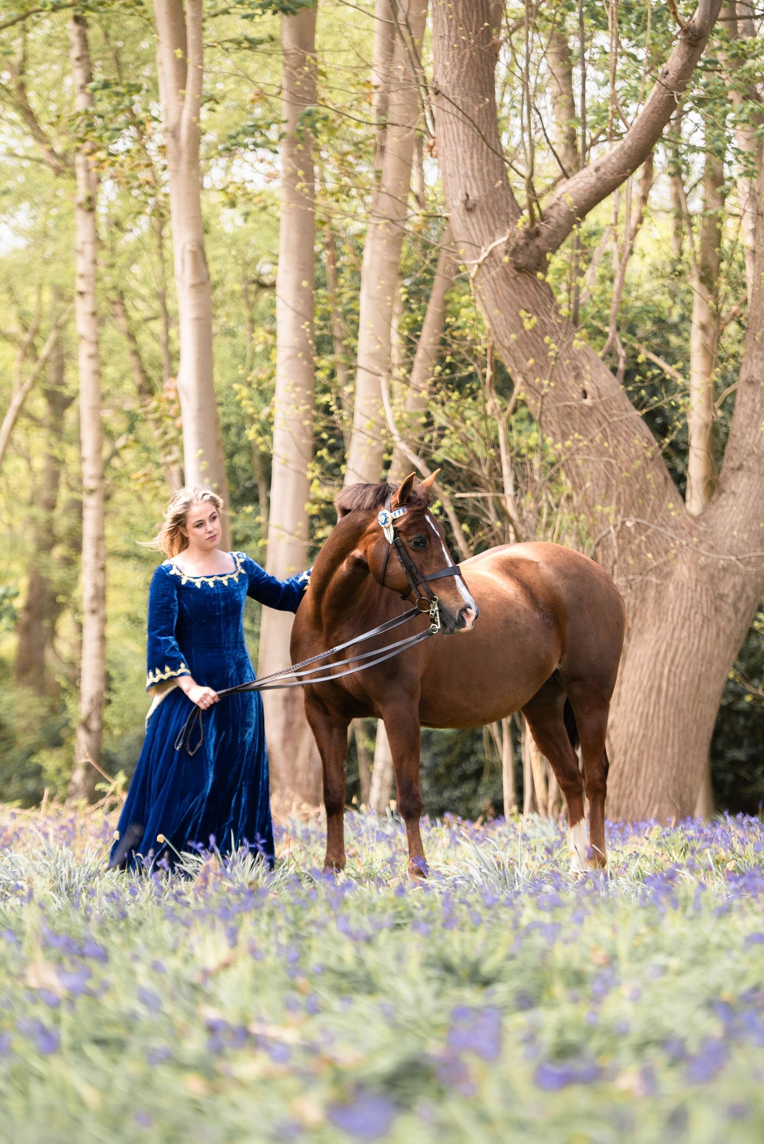 Woman in blue medieval gown leads a chestnut horse through a bluebell woodland forest.