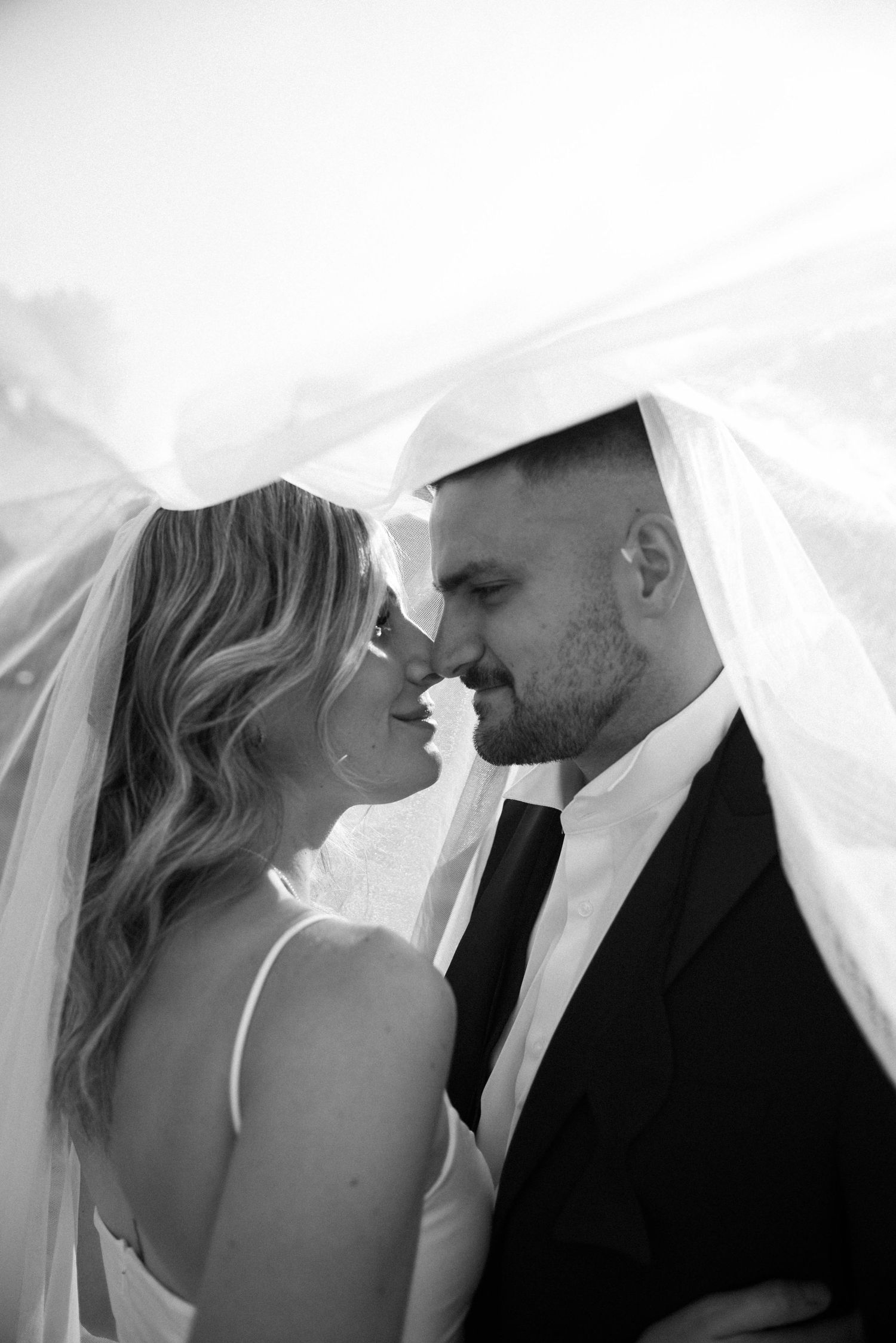 Intimate black and white portrait of newlyweds gazing at each other under a billowing wedding veil.