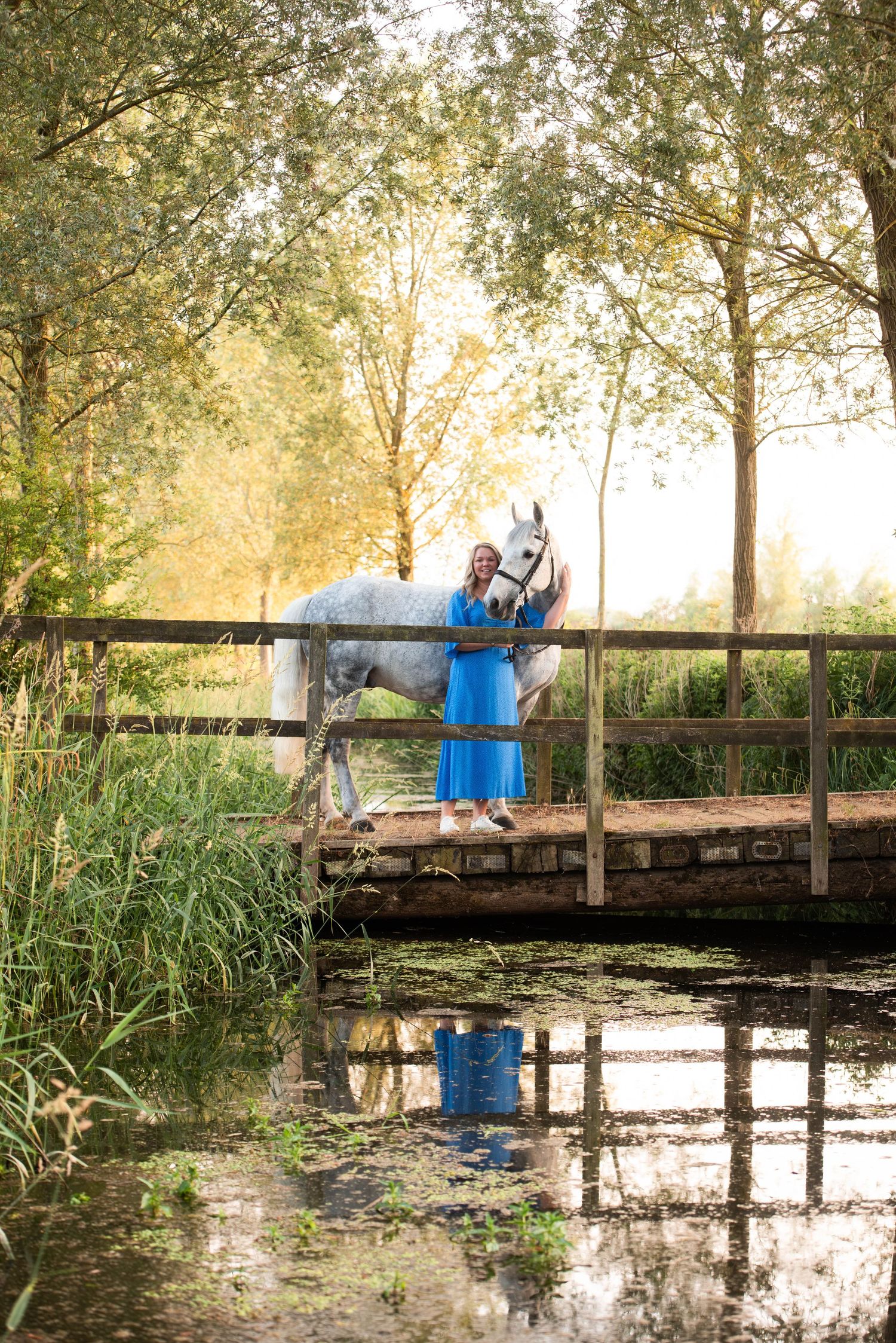 Woman in blue gown with a grey horse on a rustic bridge reflected in still water.