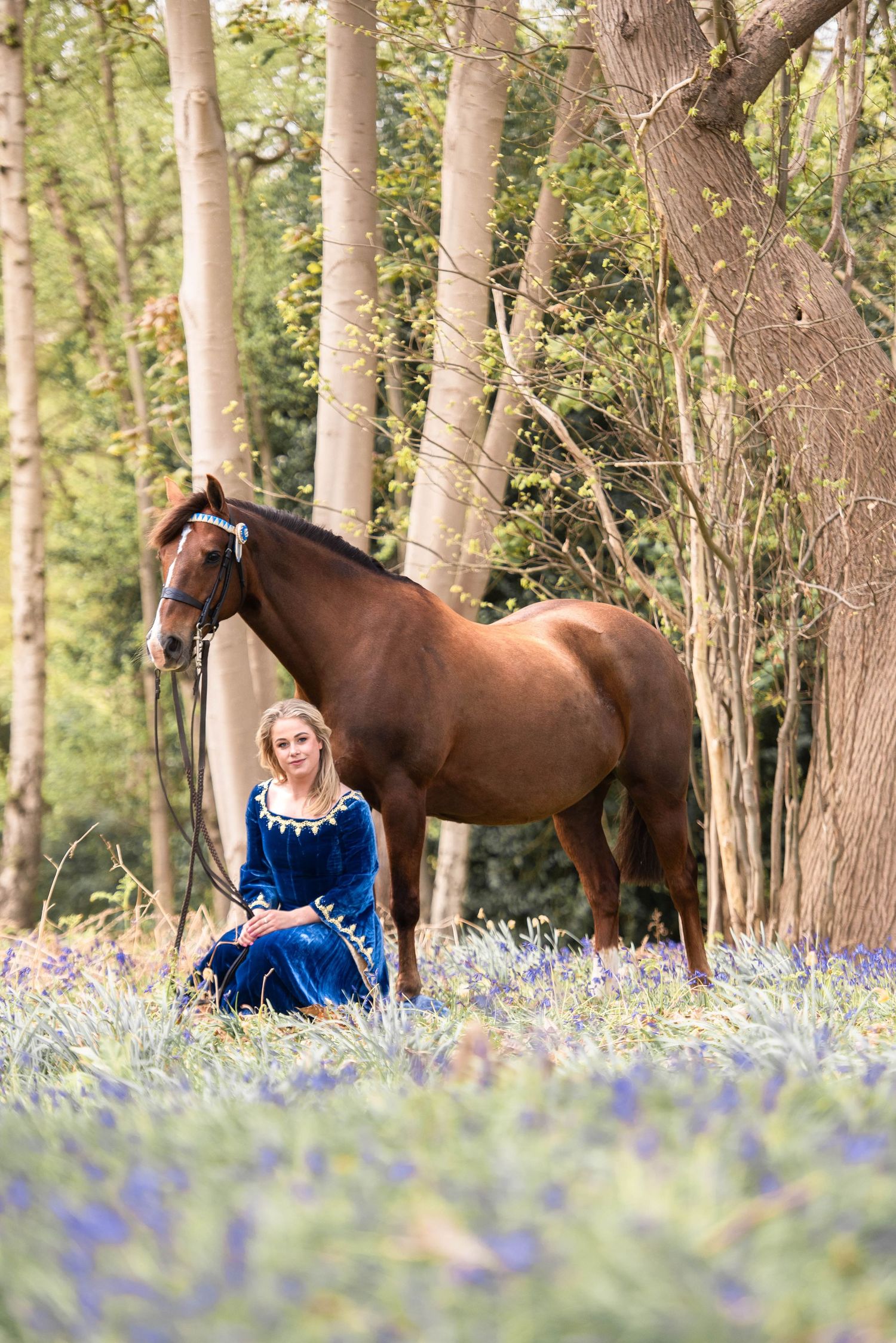 Woman in blue velvet dress sitting in bluebells beside a chestnut horse in a forest.
