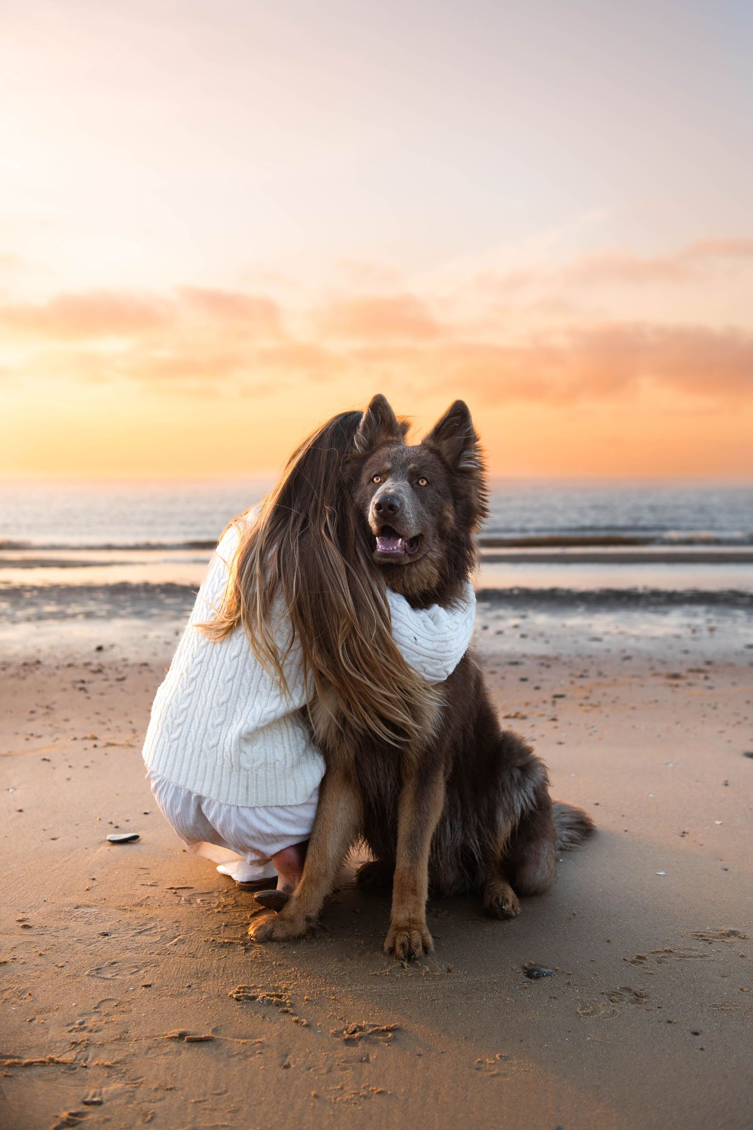 Woman in white sweater hugs large brown dog on beach during golden sunset.