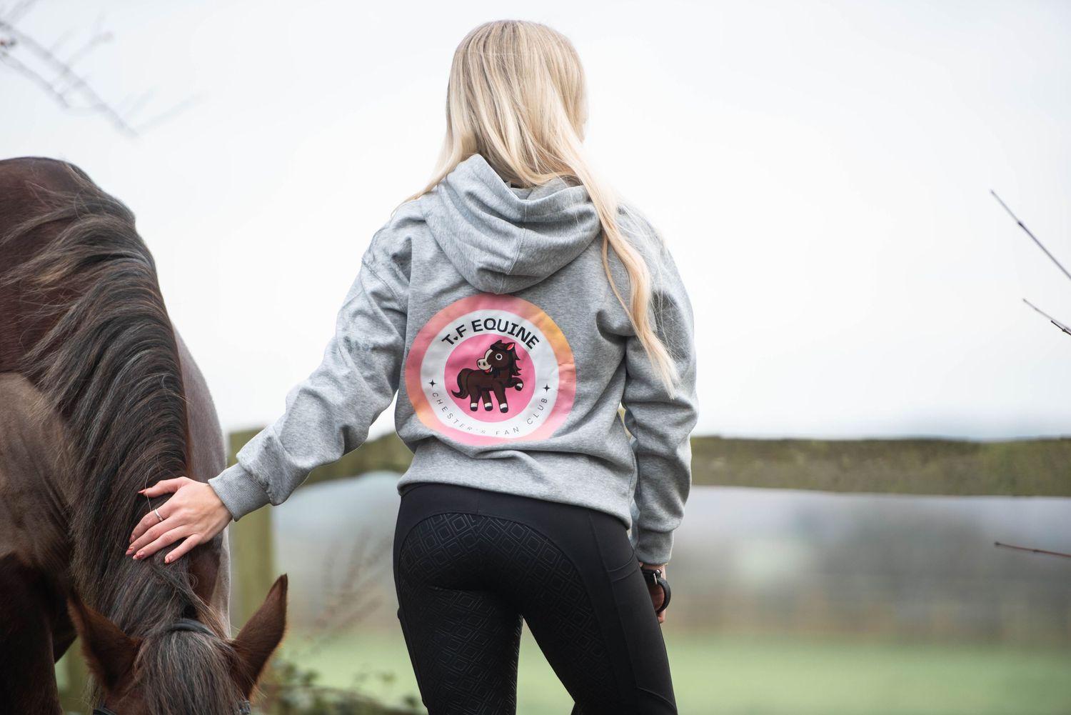 Blonde woman wearing a grey AP Equine branded hoodie standing beside a brown horse outdoors.
