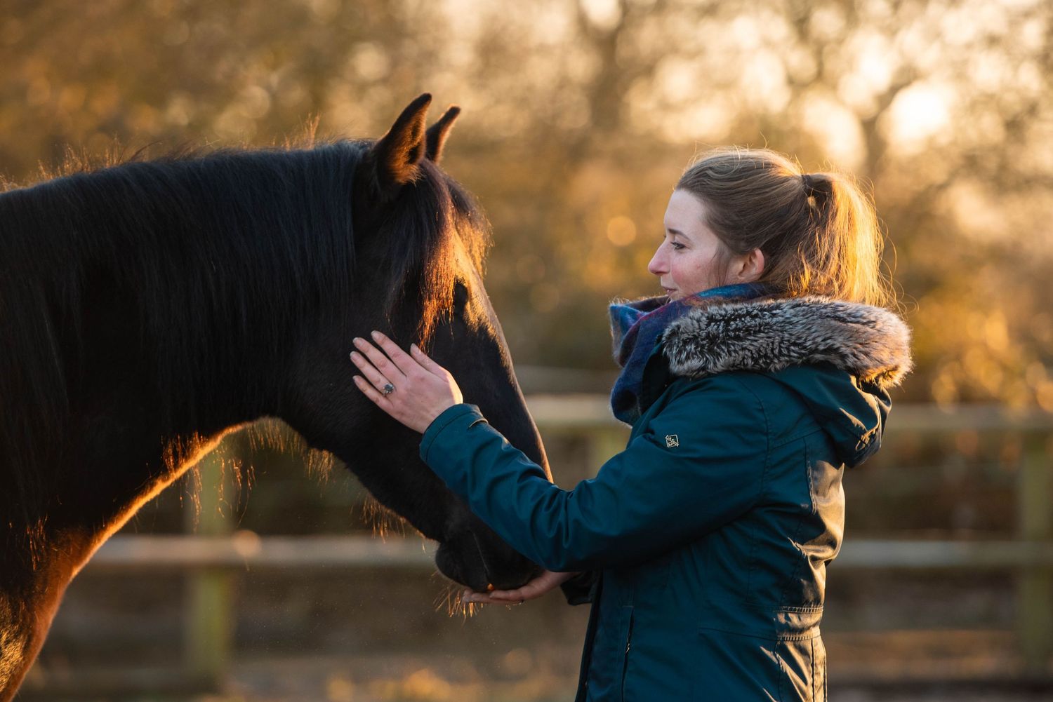 Woman in teal jacket gently stroking a dark horse face in golden sunset light.