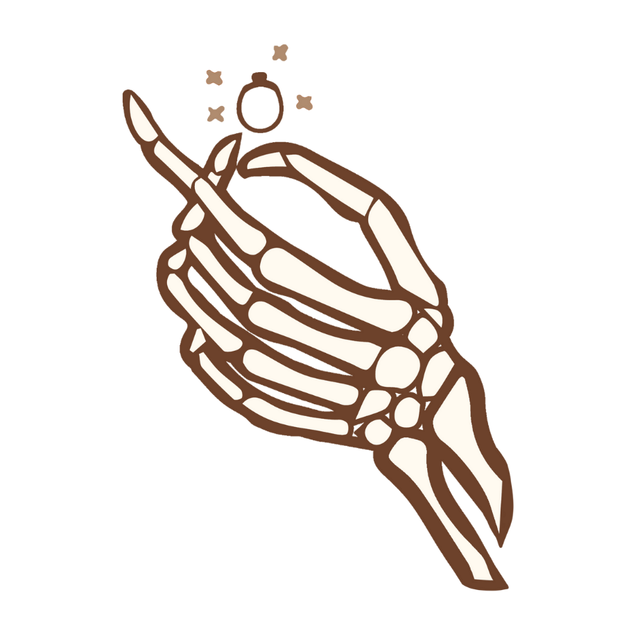 Skull hand holding a wedding ring