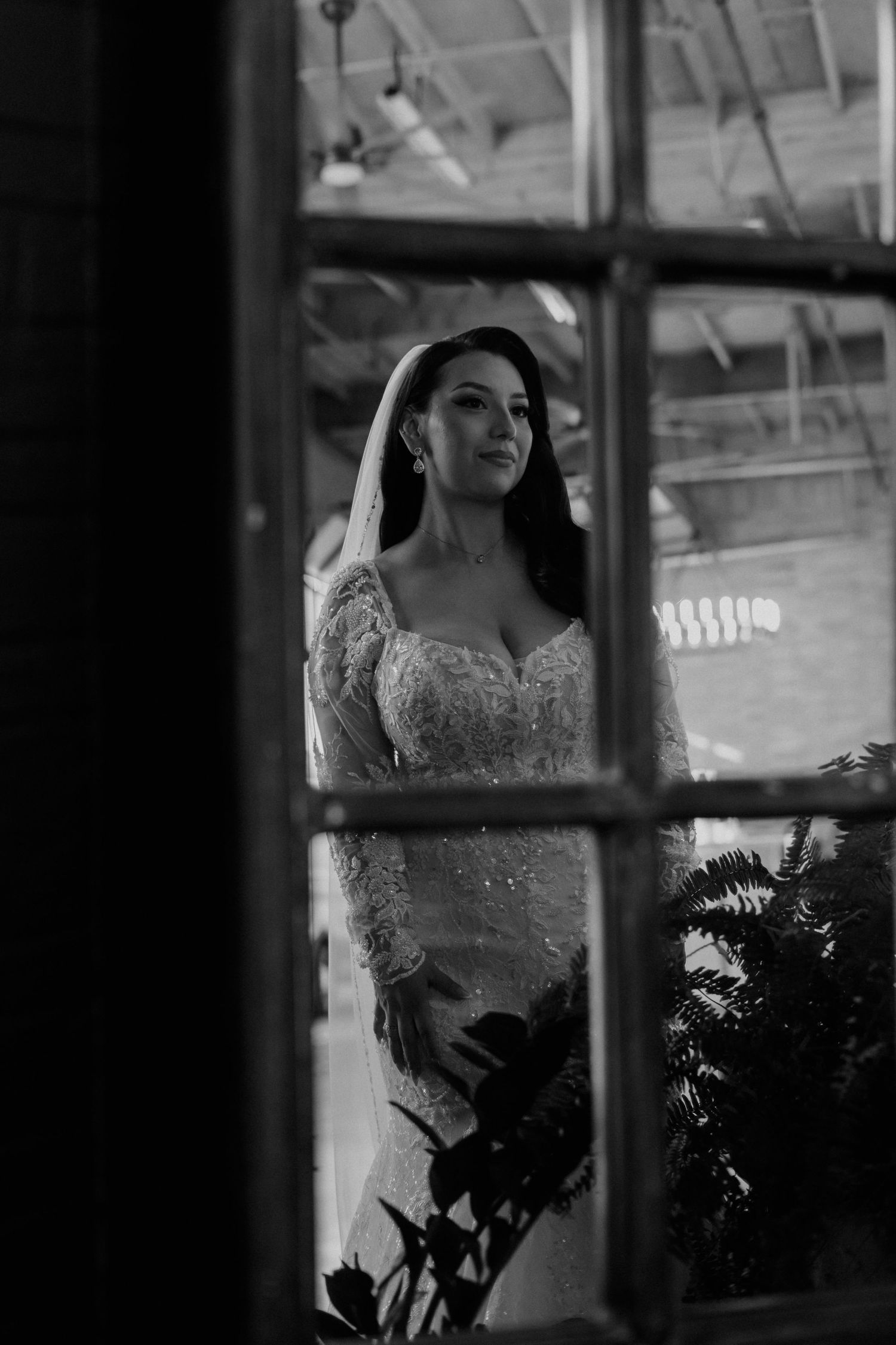 Artistic bridal portrait framed through window panes with dramatic shadows and greenery.