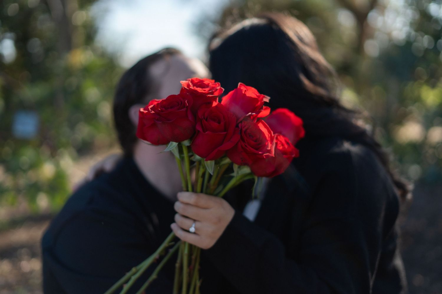 Person holding vibrant red roses during outdoor photo session.