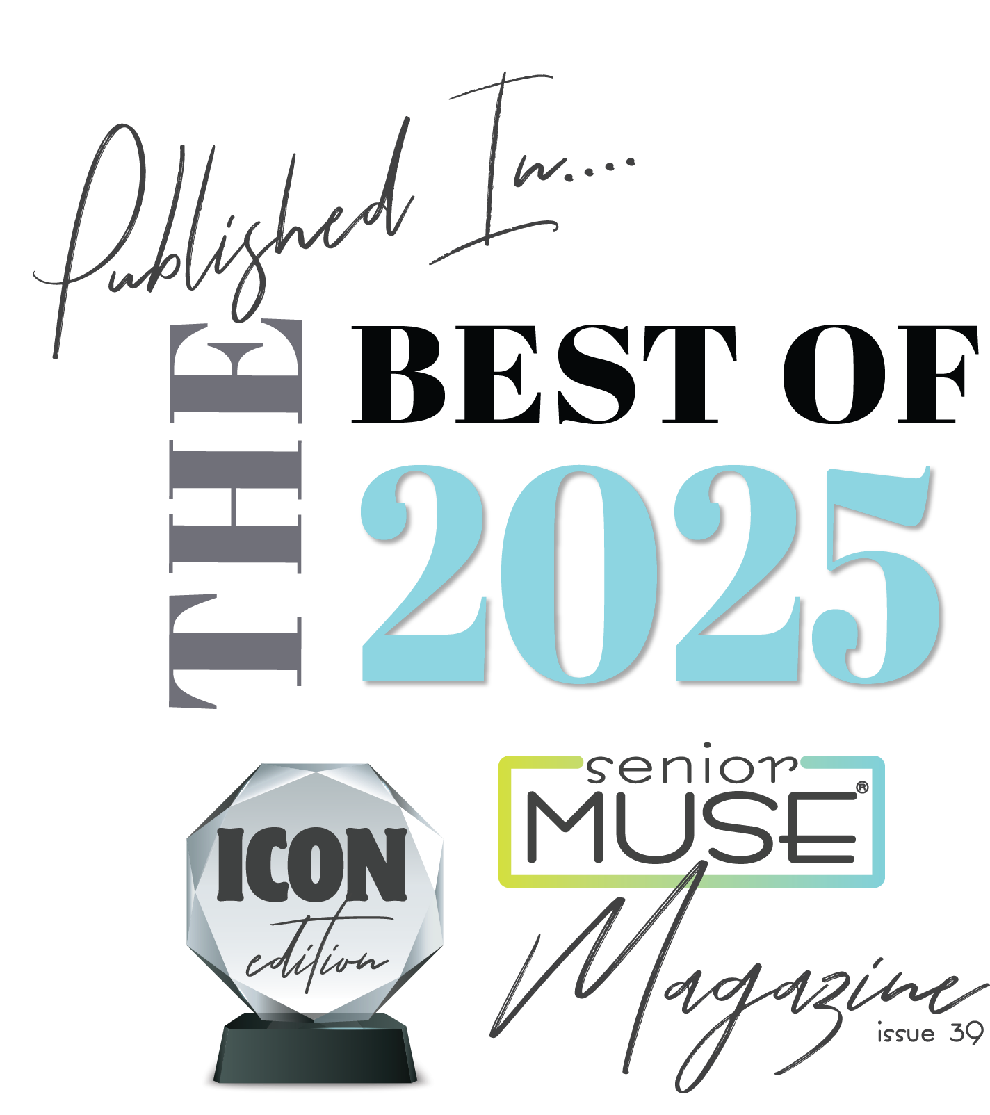 A row of magazine and publication award badges and logos in blue, black and white colors.