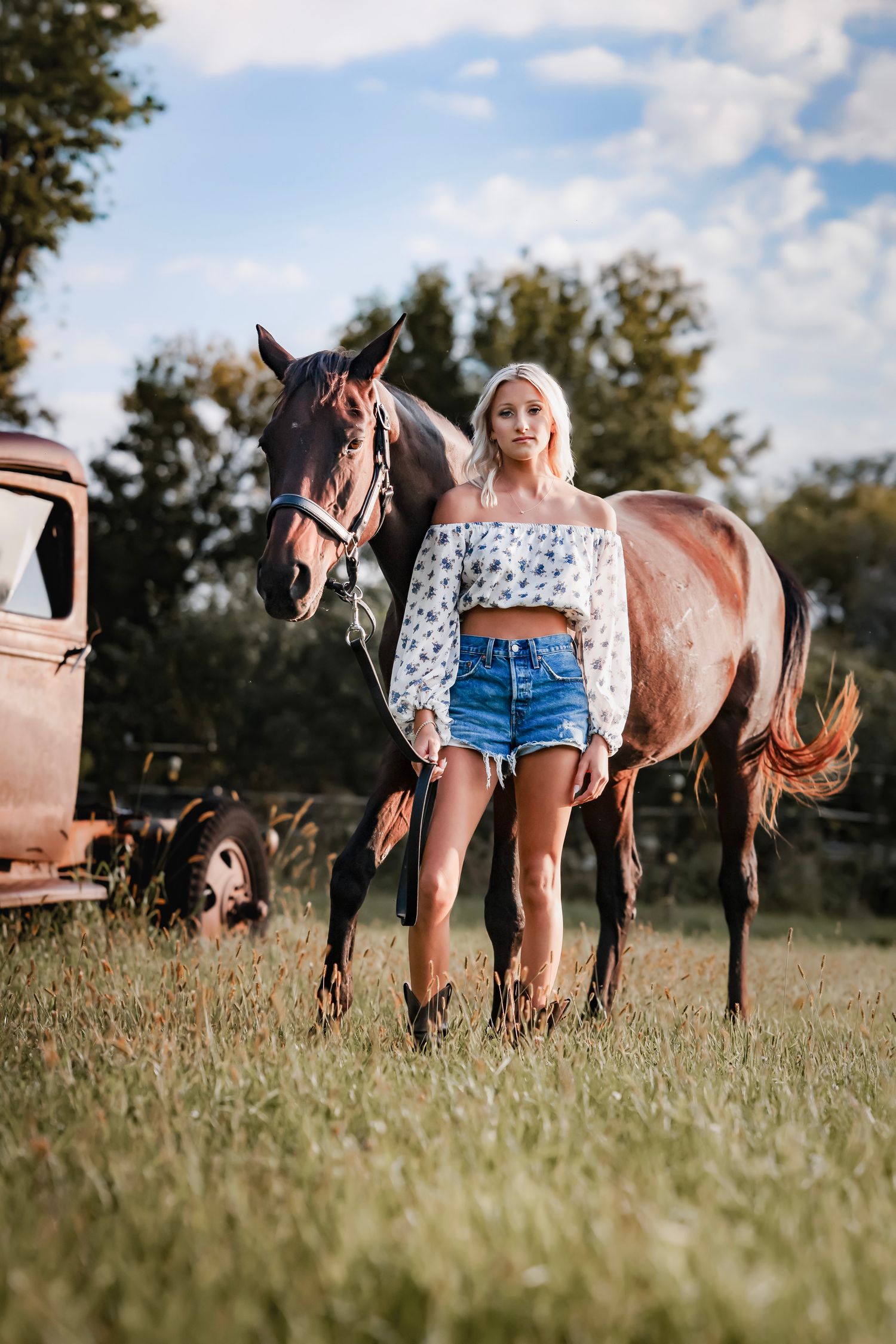 A series of images showing a brown horse and someone wearing denim shorts and a polka dot top in a sunny meadow.