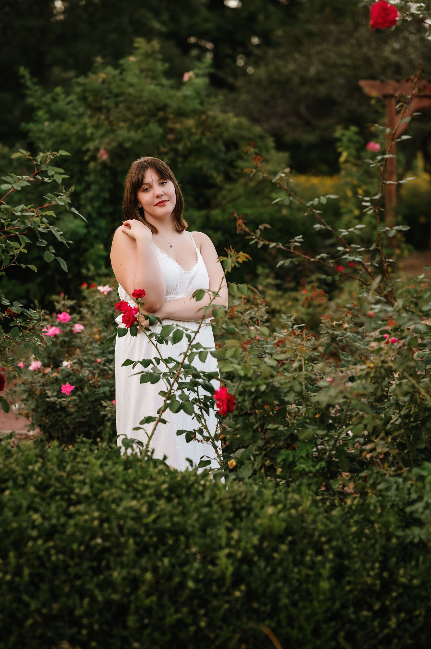 Someone in a white dress stands elegantly among blooming red roses in a lush garden.