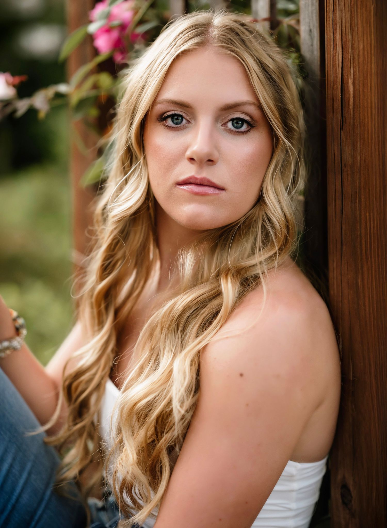 A series of outdoor portrait photographs showing someone in a white top with blonde wavy hair against a wooden background.