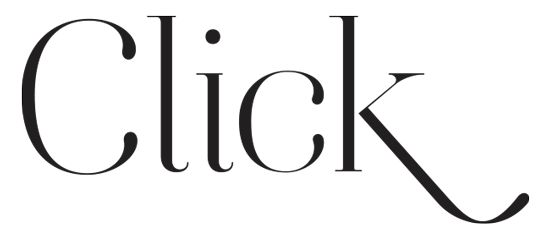Stylized typography of the word 'Click' in elegant serif font against white background.