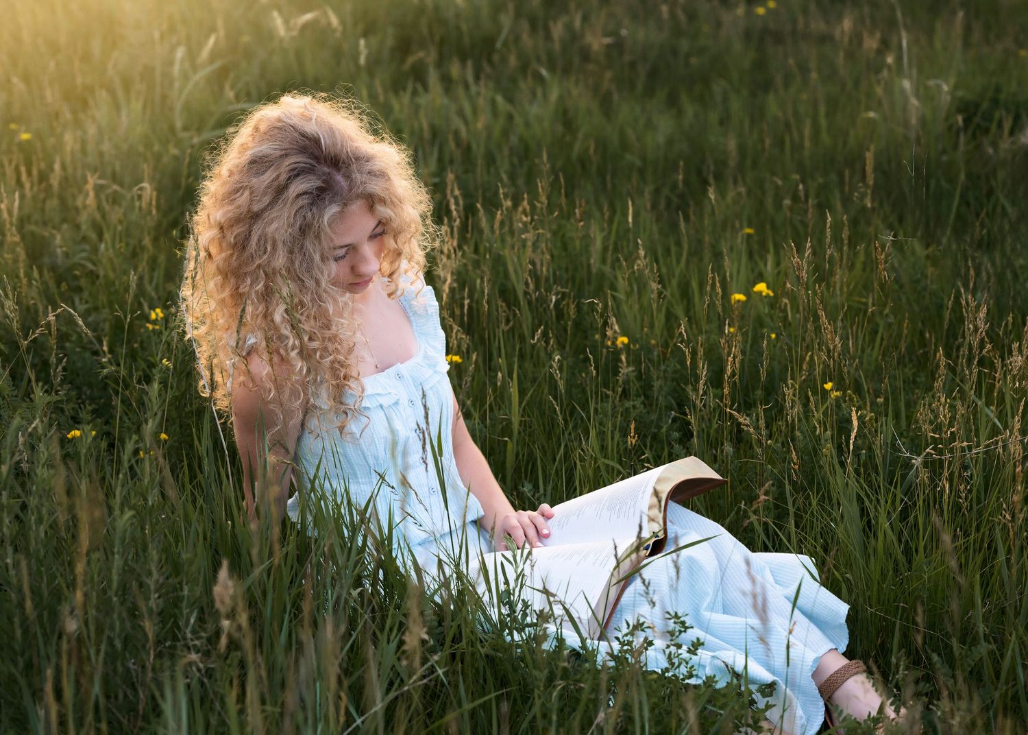 Curly-haired girl in white dress reading a book while sitting in a sunny green meadow with wildflowers.