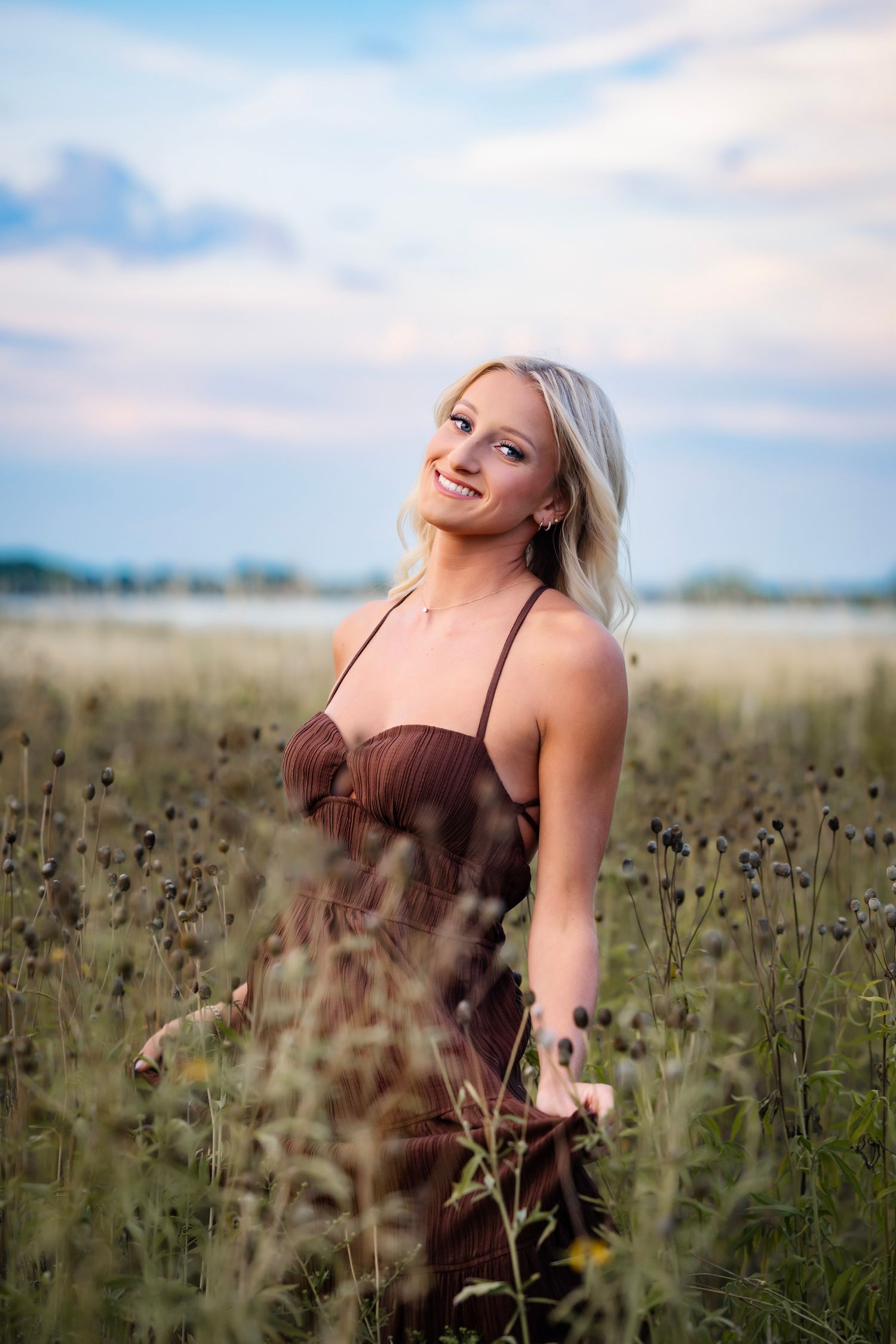 A brown dress stands out against tall wild grasses in a field at sunset with soft clouds in the sky.