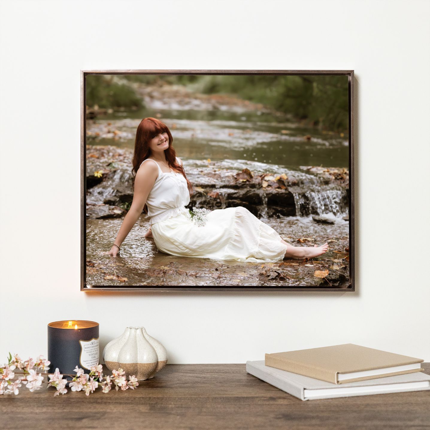 A white wedding dress displayed in multiple photos on a wall with rustic decor and wooden elements.
