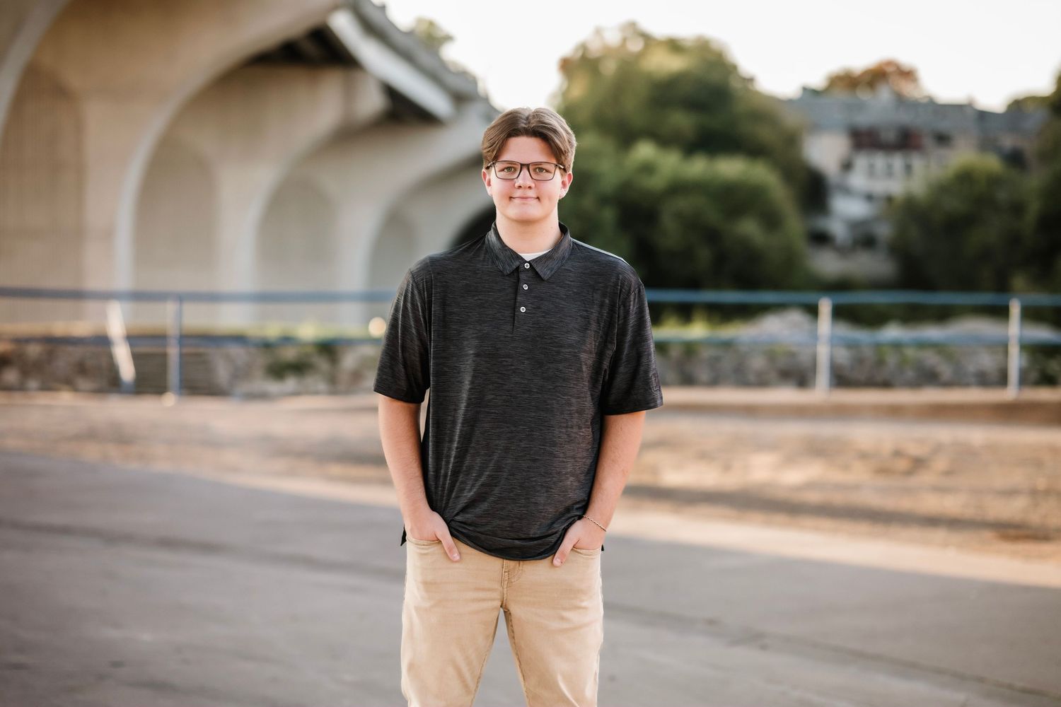 A series of outdoor portrait photographs taken at sunset against a blurred natural background.