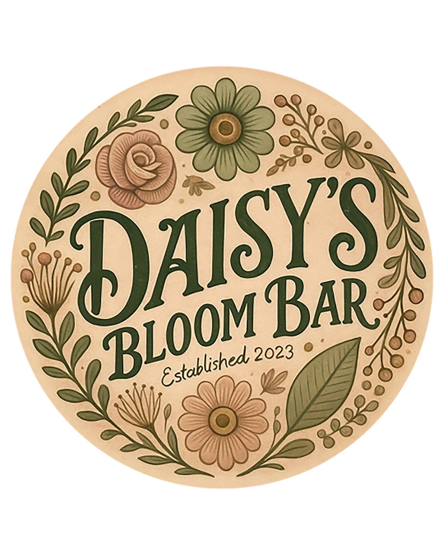 Circular logo for Daisy's Bloom Bar, established 2023, featuring vintage floral illustrations in green and pink tones.