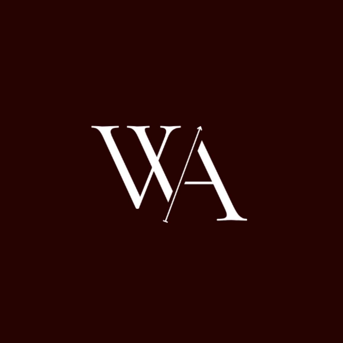 Elegant WA monogram logo in white serif font on a deep dark burgundy background.