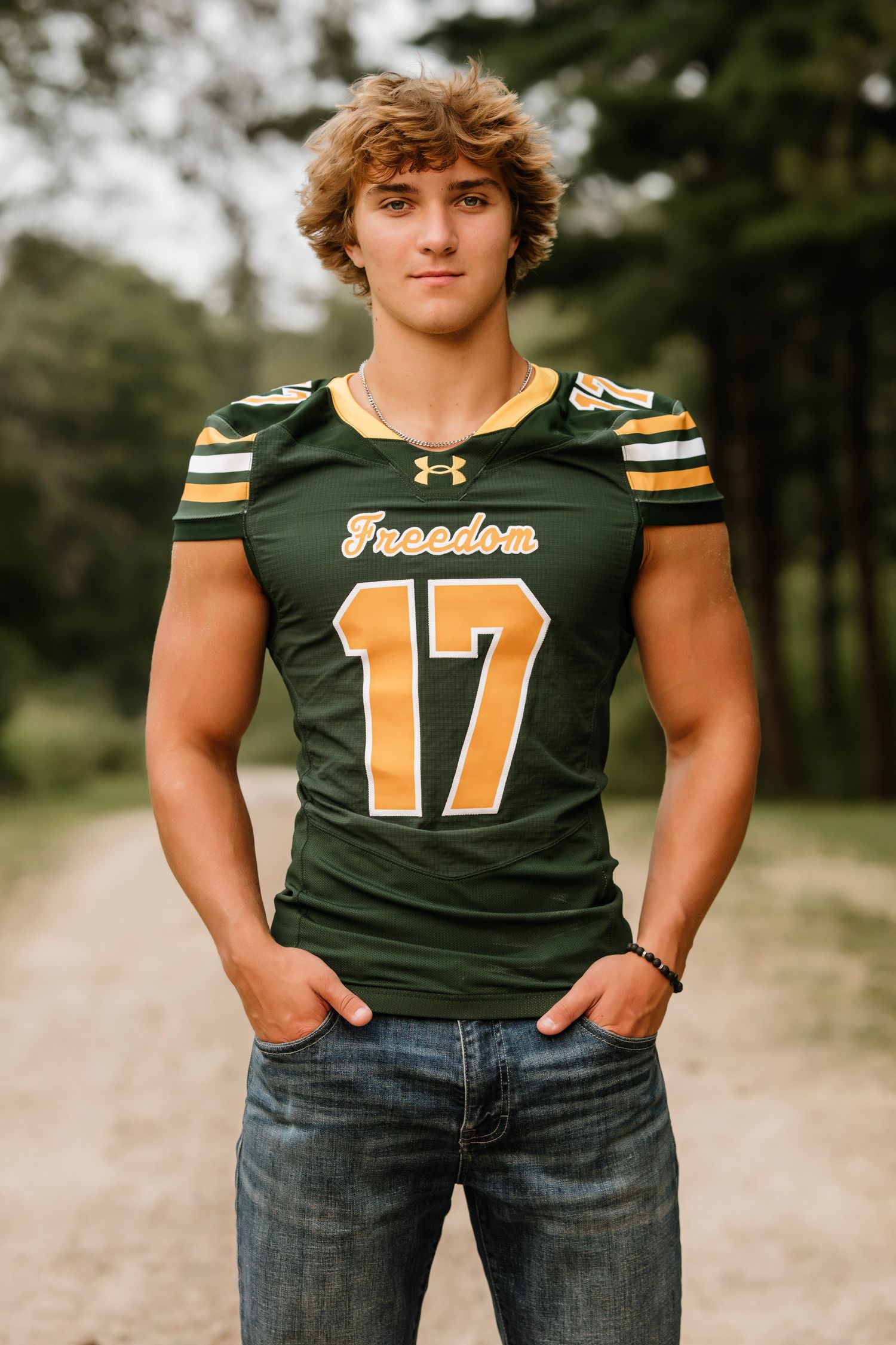 Three cropped photos showing a green and gold football jersey with number 17 and jeans.