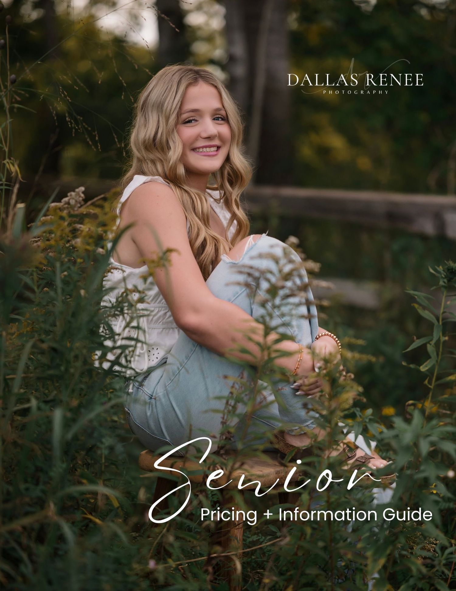 Dallas Renee Photography senior pricing guide cover featuring a smiling blonde teen sitting outdoors among lush green foliage.