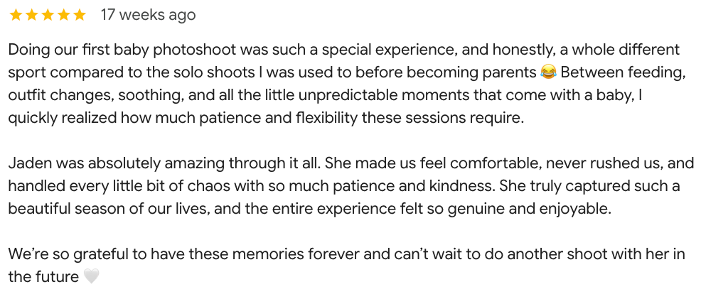 Five-star customer review praising a newborn photoshoot experience with photographer Jaden for her kindness and flexibility.