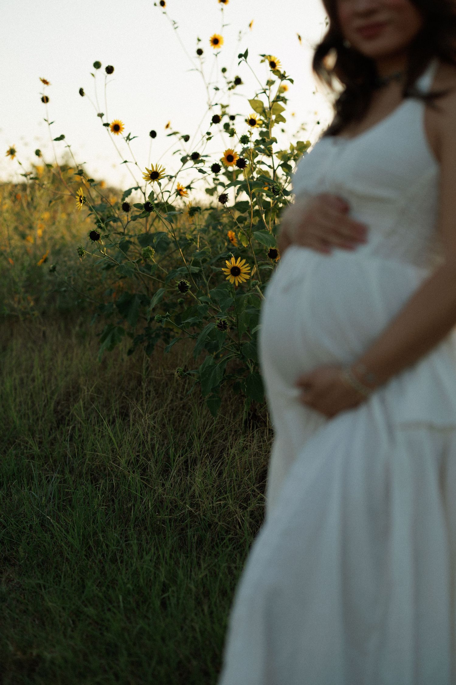 Pregnant woman in white dress cradling baby bump in sunflower field at golden hour.