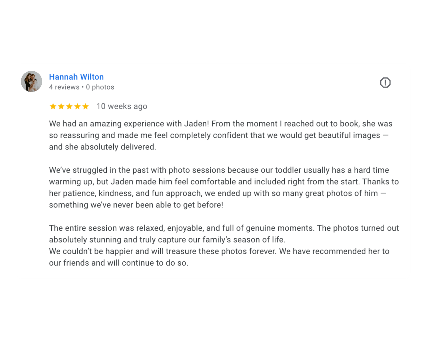 A collection of customer reviews showing five-star ratings and positive feedback about a photography service.